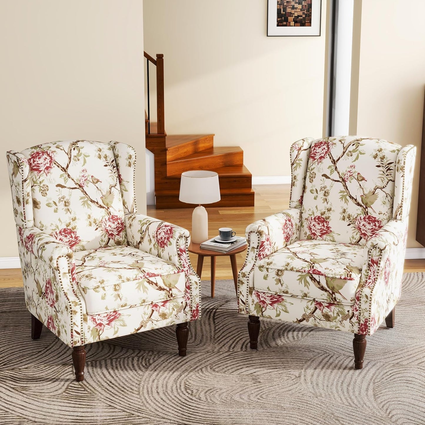 UIXE High Back Accent Chairs Set of 2, Fabric Upholstered Armchair for Living Room, Retro Printed Wingback Arm Chair Rivet Trimed Single Sofa Bedroom Reading Seat - Beige Floral