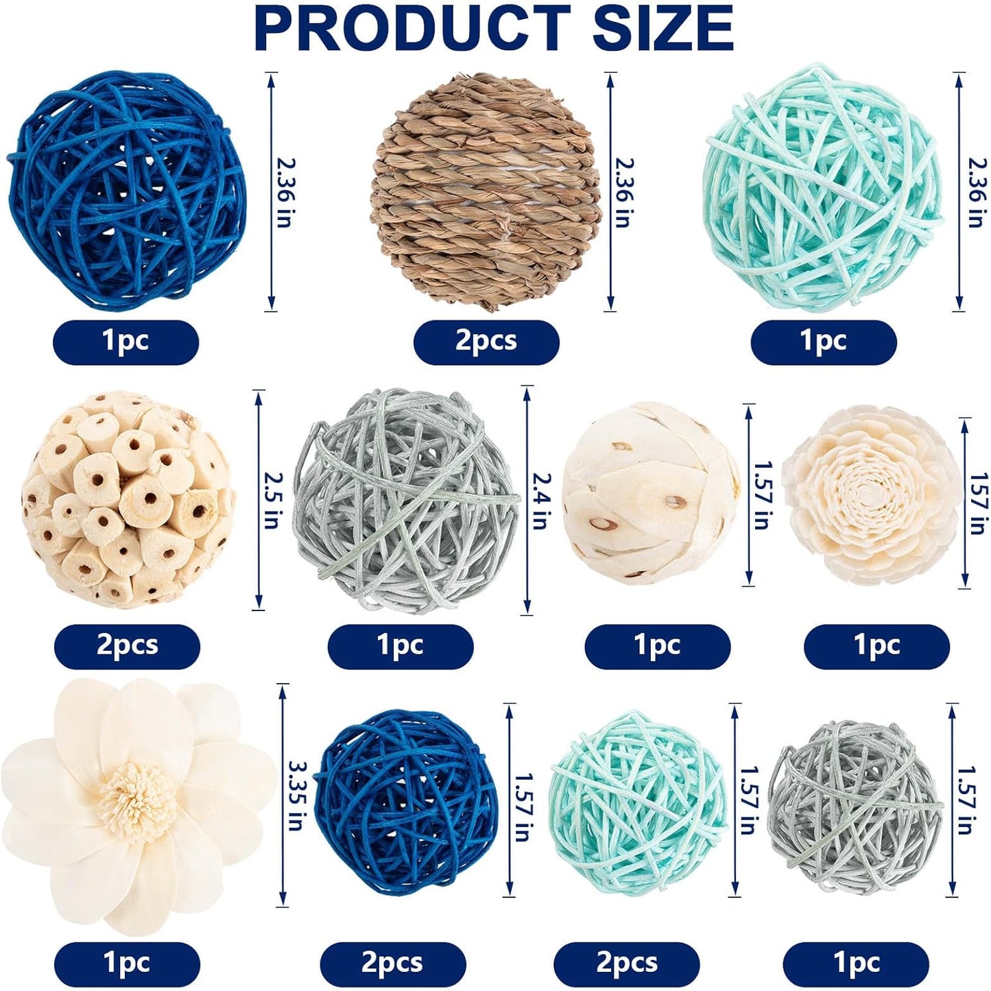 15Pcs Blue and White Decorative Balls for Potpourri Bowl Filler, Bowl Filler for Table Centerpiece Home Decor, Woven Rattan Wicker Balls, Rattan Wicker Orbs Fillers for Vase Jar Dough Bowl