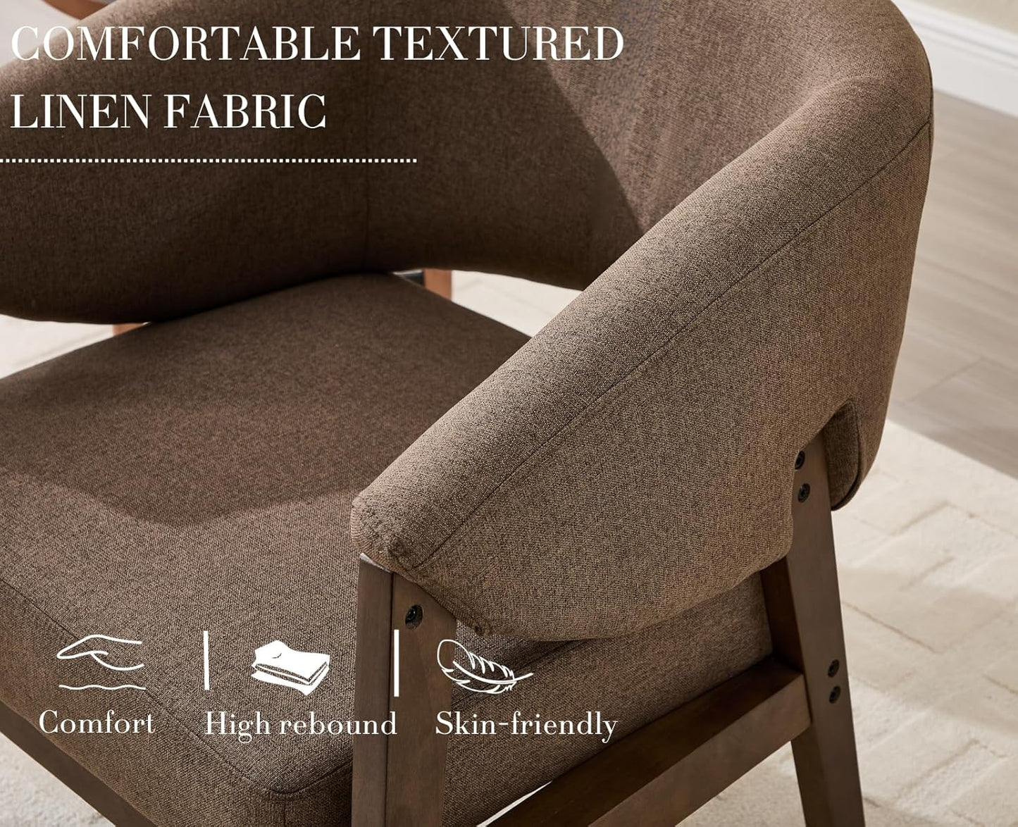 Mid-Century Modern Accent Chair, Comfy Barrel Armchair with Wide Seat, Upholstered Lounge Chair with Walnut Wood Legs for Living Room/Bedroom/Reading Corner, Linen Fabric, Brown, 1PC