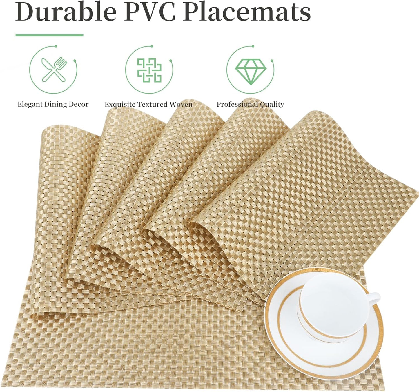 Vinyl Plastic Placemats Set of 4 Washable Heat Resistant Non-Slip Elegant Indoor Outdoor Kitchen Dining PVC Woven Table Place Mats (Gold Weaving)