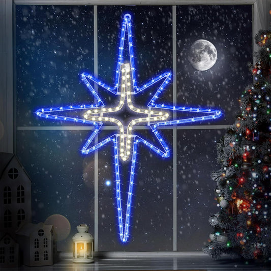 28" Christmas Star of Bethlehem LED Star Hanging Lights Nativity Holy Family Light for Door Window Porch Wall Decoration Plug Operated Lighted Hanging Tree Topper (Blue, Light Yellow)