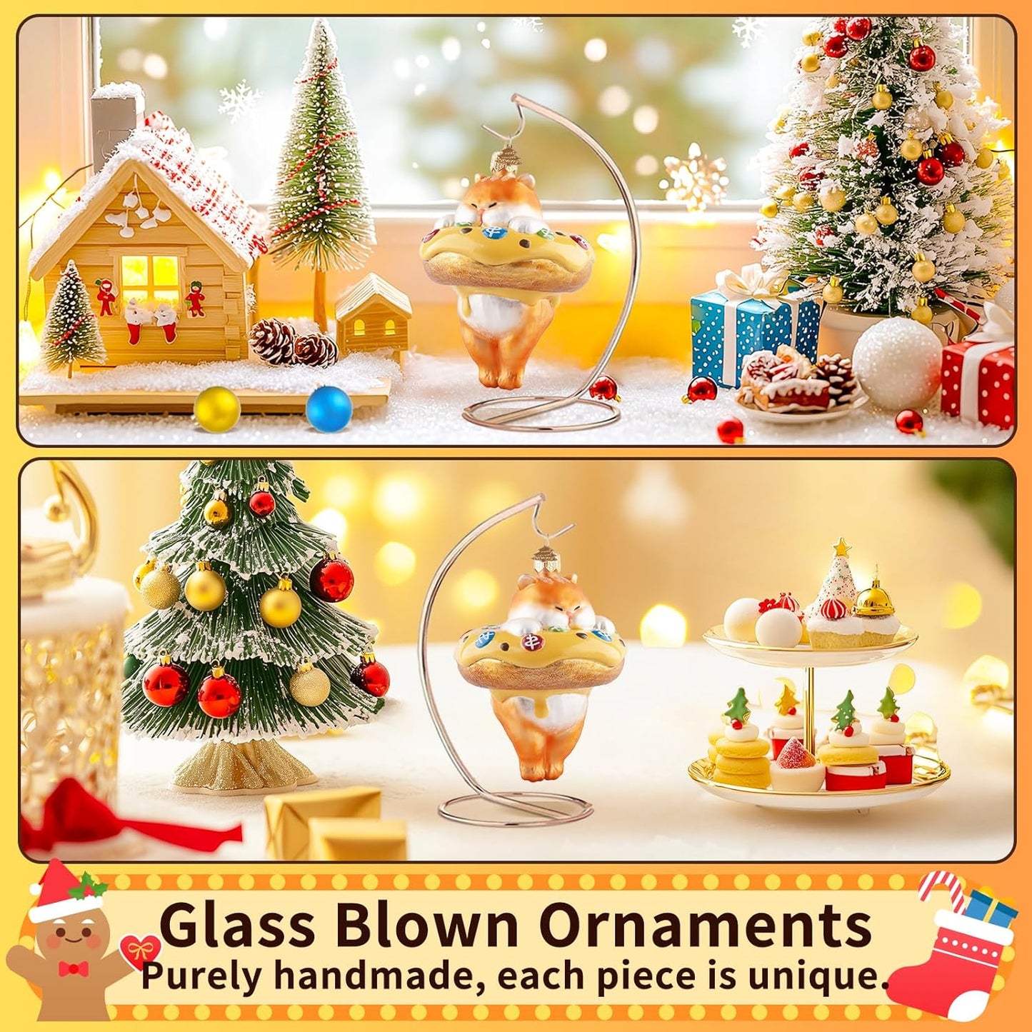 Cat Christmas Tree Ornaments,Hand-Blown Glass Ornaments,Cat Collection Hanging Ornaments,Donut Pendant Ornament,Glass Christmas Decorations for Animal Lovers Holiday Party Home Gifts