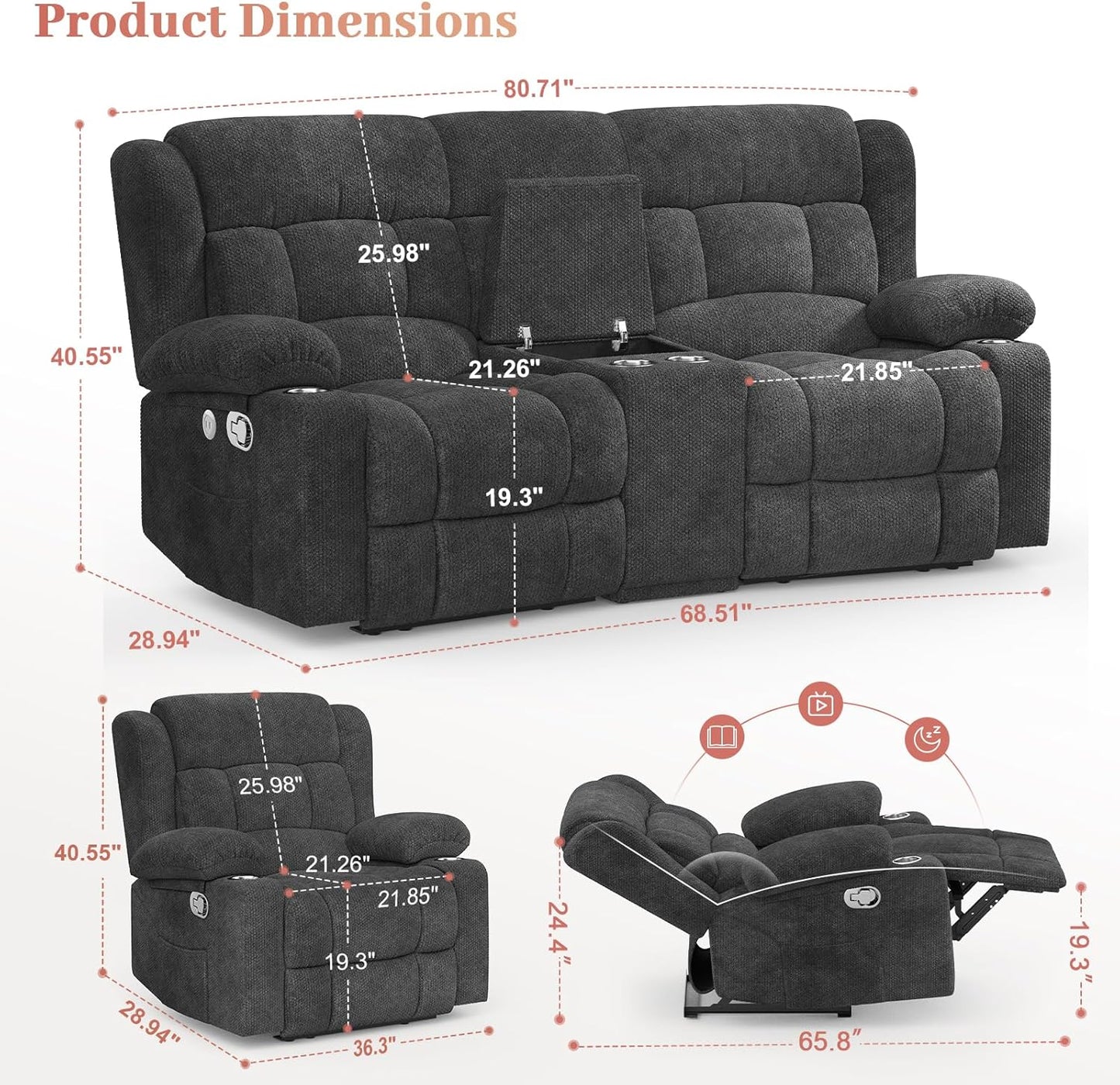 Recliner Sofa Set with 2+1 Pieces, Fabric Manual Pull Tab Reclining Loveseat with Storage Console, Single Recliner Chair for Living Room, RV, Grey