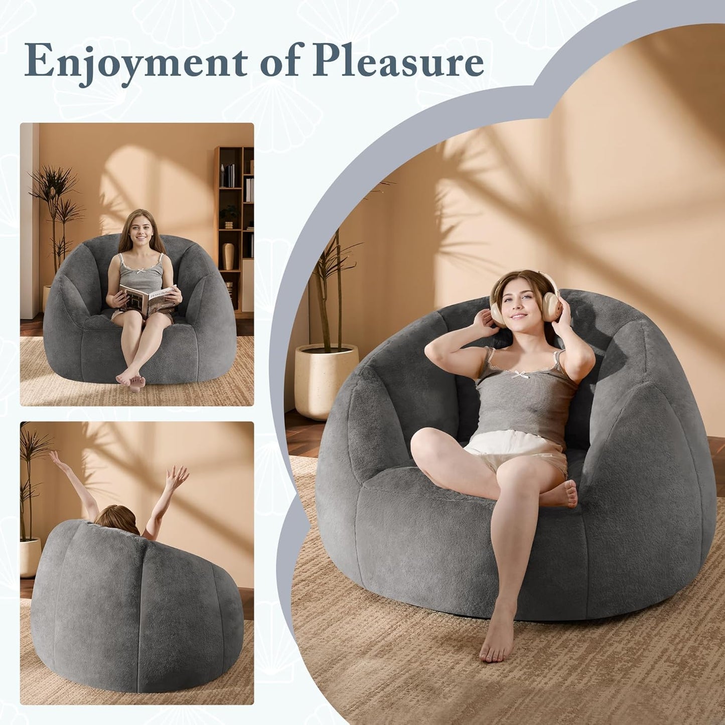 Giant Bean Bag Swivel Chair for Adults - Comfy Plush Round Shell Soft Accent Beanbag Chair, Oversized Cozy Floor Sofa Reading Chair for Living Room, Bedroom & Game Rooms, Gray