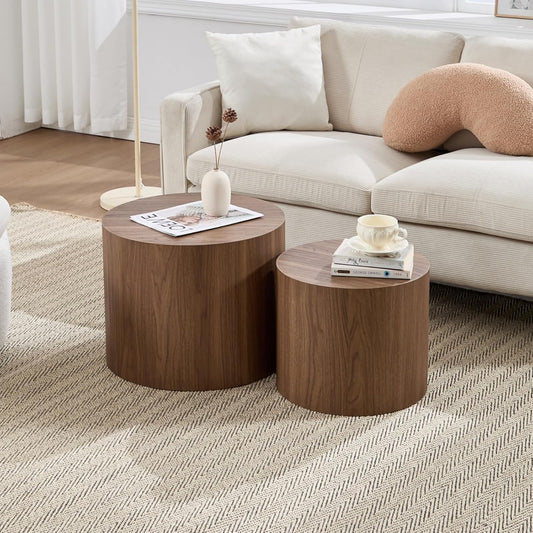 Round Coffee Tables Side Table Set of 2, Wood Nesting End Table for Living Room Balcony Office, Walnut Wooden Color, No Assembling