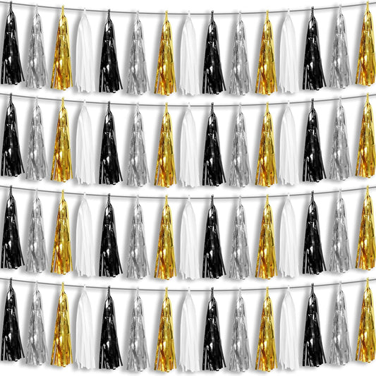4P Black Gold Silver Foil Fringe Metallic Tassel Garland, Tassels Banner Streamers for Parade Floats, Bachelorette, Wedding, Birthday, Halloween, Christmas, Bridal/Baby Shower Party Decorations