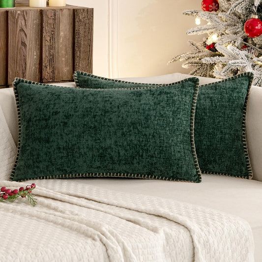 MIULEE Pack of 2 Christmas Pillow Covers 12x20 Inch Dark Green Farmhouse Decorative Throw Pillow Covers with Stitched Edge Soft Chenille Solid Dyed Couch Pillow Covers for Sofa Bed Living Room