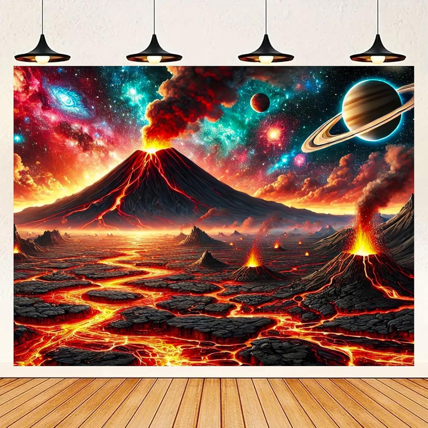 BlissYard Volcanic Planet Lava Landscape UV Black Light Tapestry 78x59 Inches Art Color Neon Light Background Bedroom Living Room Wall Party Decoration Outer Space Earthcore Molten Galaxy Decor