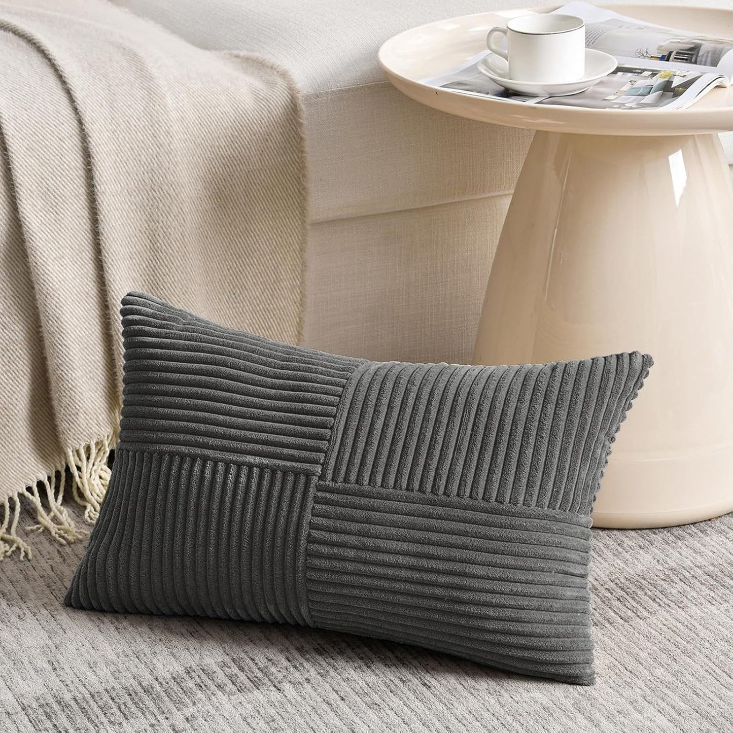 Fancy Homi 2 Packs Dark Gray Long Lumbar Decorative Throw Pillow Covers 16x24 Inch for Couch Bed Sofa, Rustic Farmhouse Boho Home Decor, Soft Striped Corduroy Rectangle Accent Cushion Case 40x60 cm