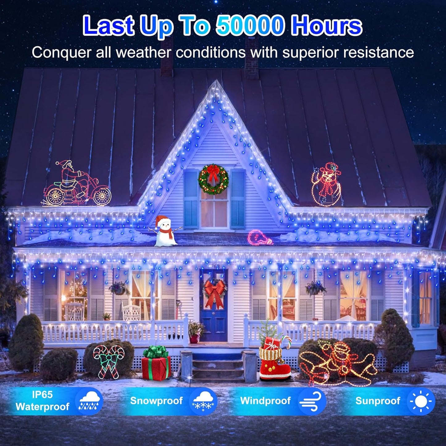 504LED 50ft Christmas Lights, 112Drops 12 Modes Christmas String Lights Outdoor Dimmable, Waterproof Christmas Decorations Fairy Lights with Timer Memory for Party Patio Window Fence Blue & CoolWhite