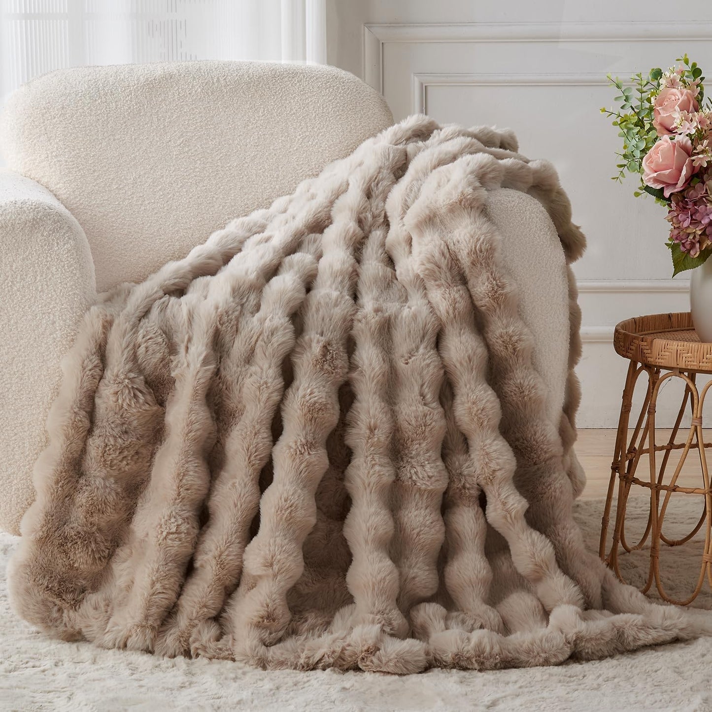 Lotus Karen Faux Fur Throw Blanket Linen - 800 GSM Bubble Rabbit Fluff Blanket for Couch Bed Sofa,Softest Fluffy Fuzzy Cozy Blanket,Thick Furry Plush Shaggy Warm Blankets for Women,50x60 Inches