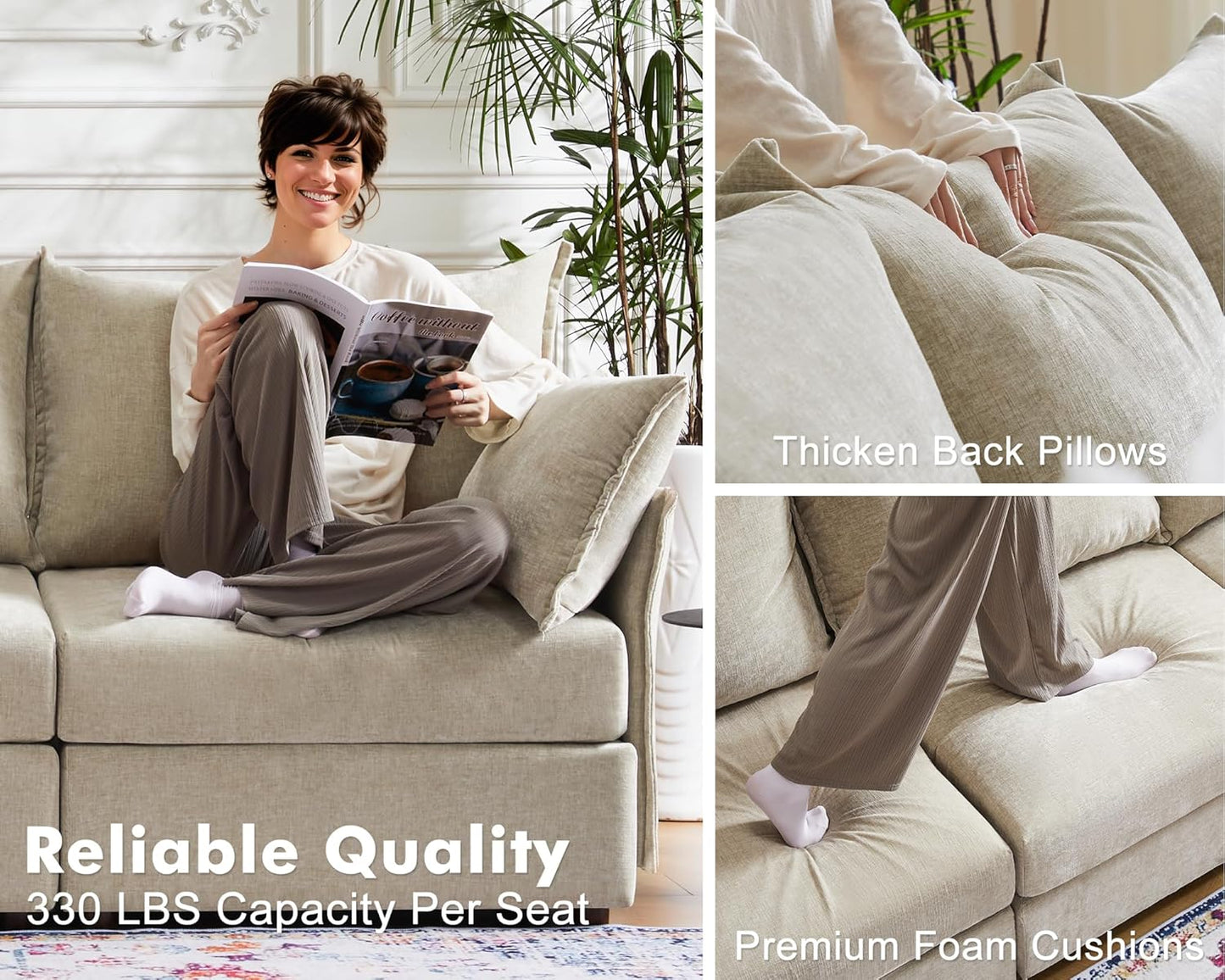 135.5" Oversized Modular Sectional Sofa, L Shaped Convertible Couch with Movable Ottoman, Large 6 Seat Corner Couches for Living Room Deep Seat Beige Chenille