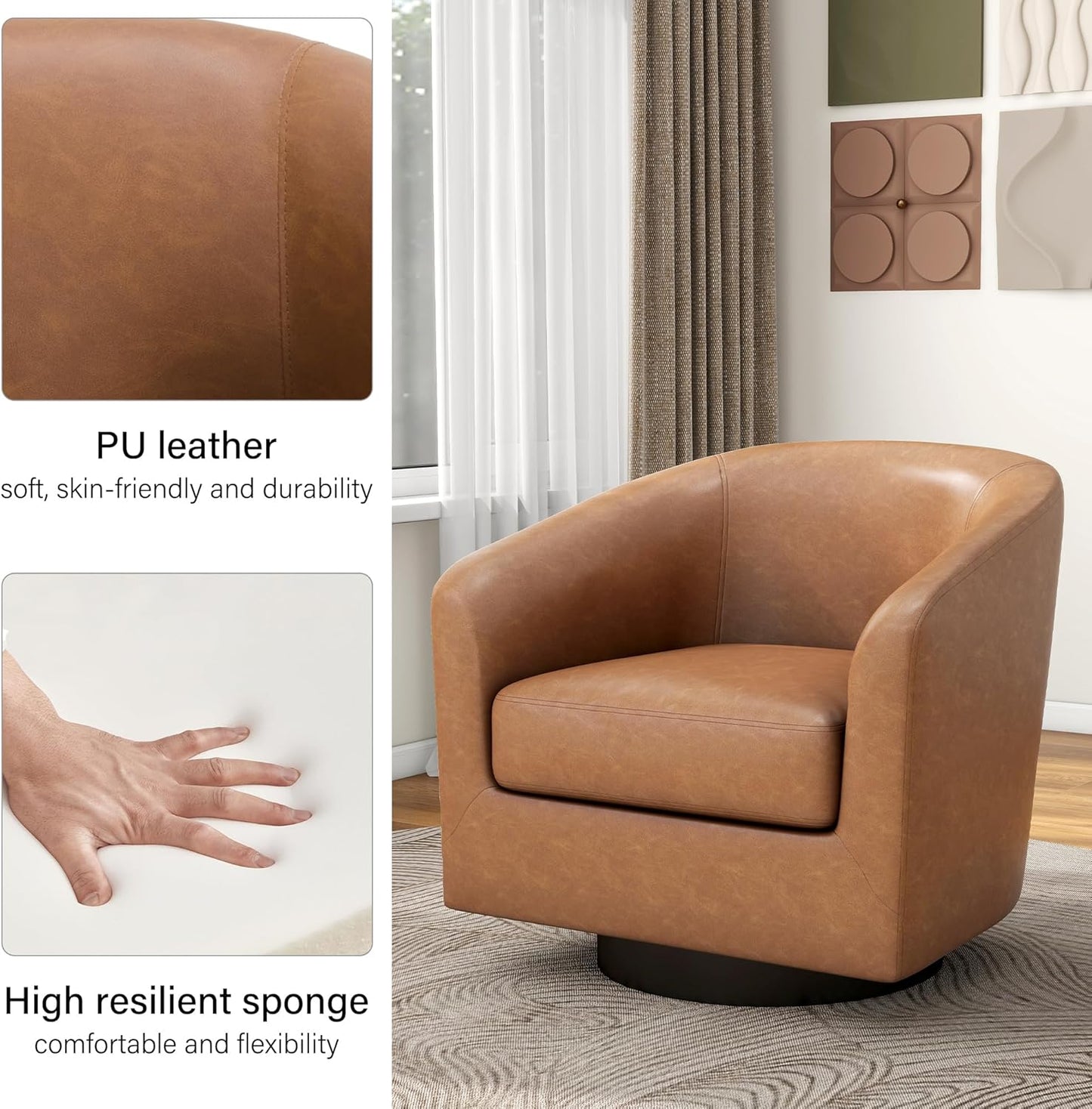 Swivel Barrel Accent Chair, Modern Round Faux Leather Arm Chair for Living Room, Bedroom, Comfy Club Reading Chairs for Adults(Faux Leather, Brown, Set of 4)