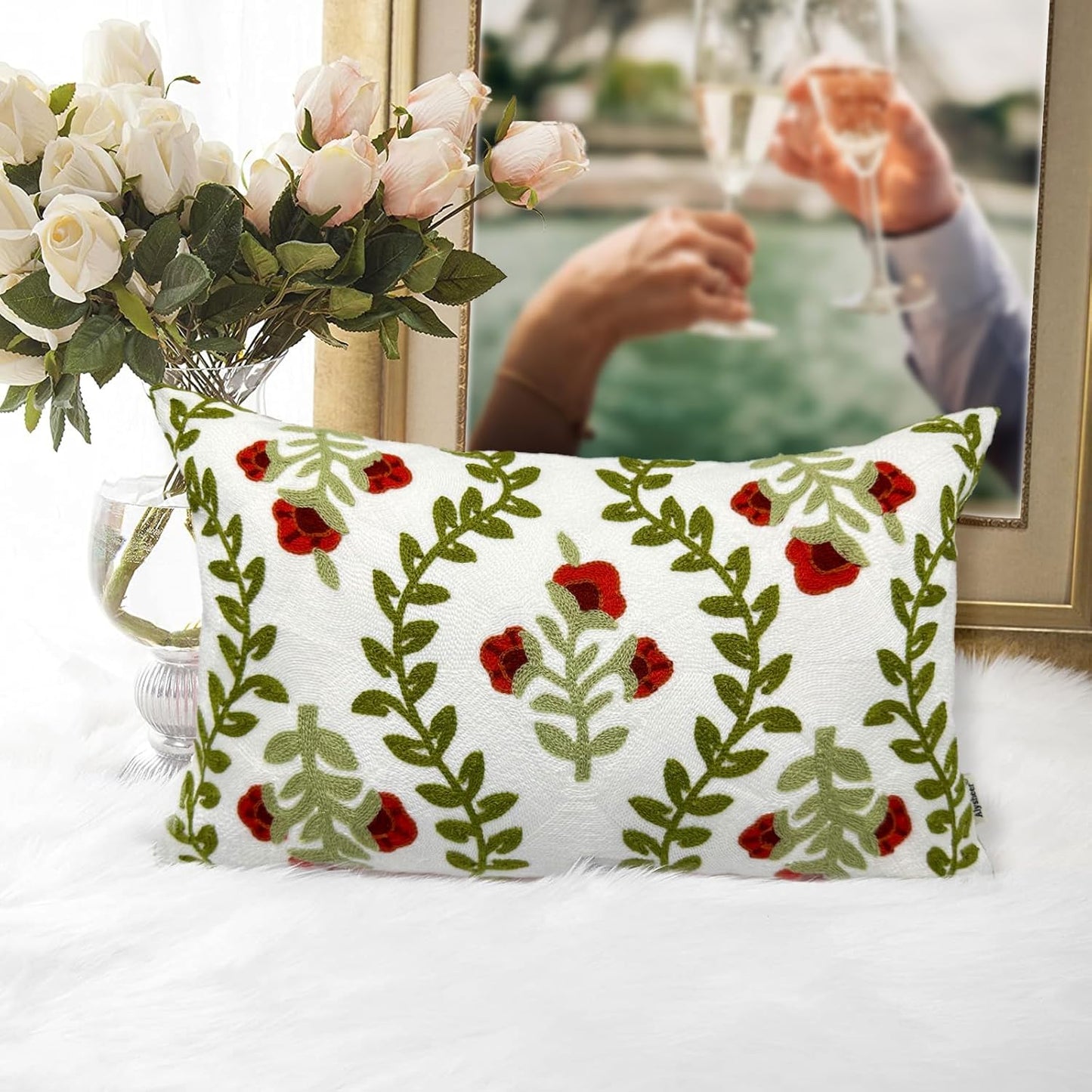 Alysheer Floral Embroidered Summer Lumbar Decorative Throw Pillow Cover 12"x 20", Farmhouse Cottage Red Flowers Green Leaves Patterned Cotton Canvas Cushion Case for Sofa Couch Bed Living Room Decor