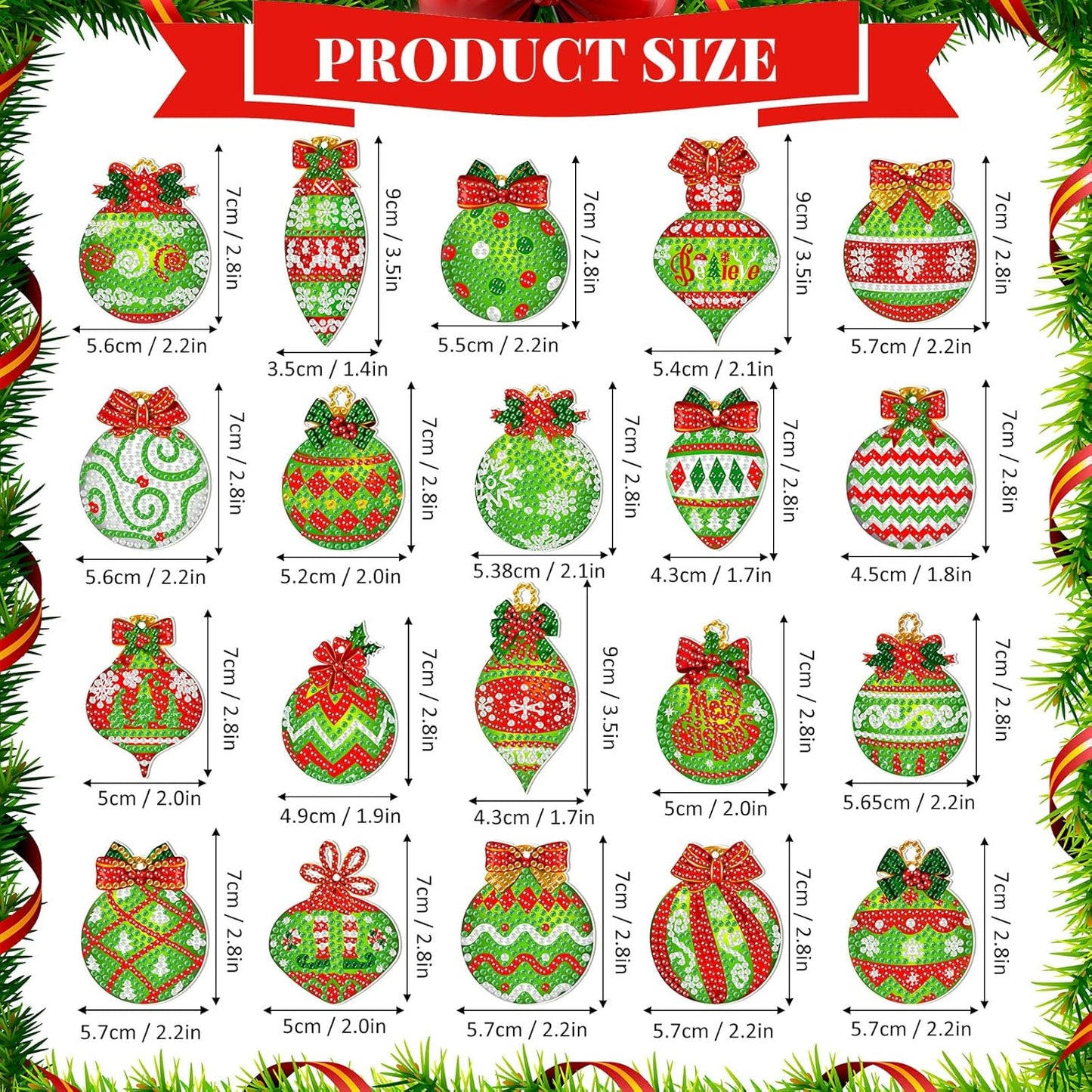 Tondiamo 20 Pcs Christmas Diamond Painting Keychain Kits 5D DIY Diamond Art Pendants Double Sided Hanging Key Chains for Christmas Party Decoration DIY(Green Balls)