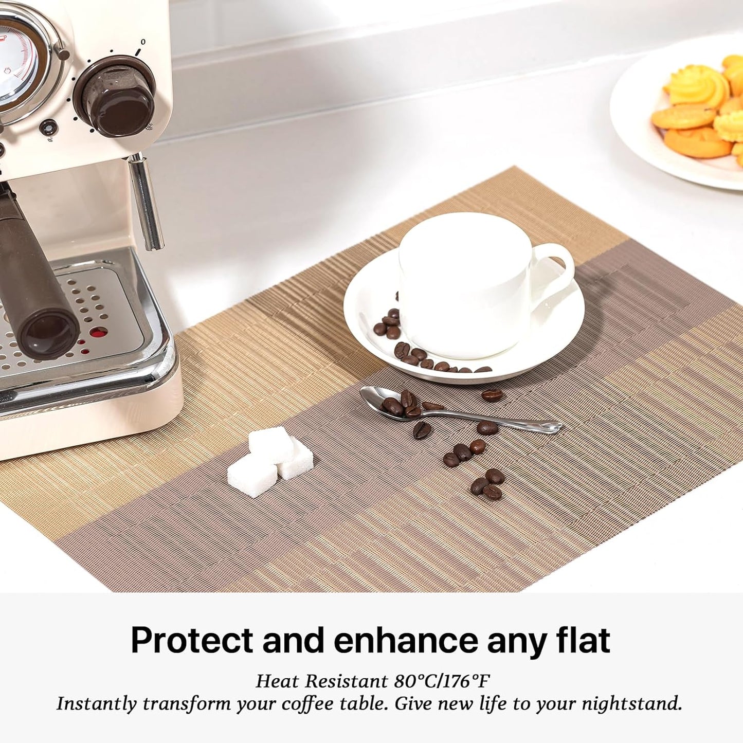 LEXMORE Placemats Set of 8 Vinyl/Plastic Woven Place Mats for Kitchen Table Indoor/Outdoor Washable Placemat Wipeable Dining Table Mats(Gold Dune)