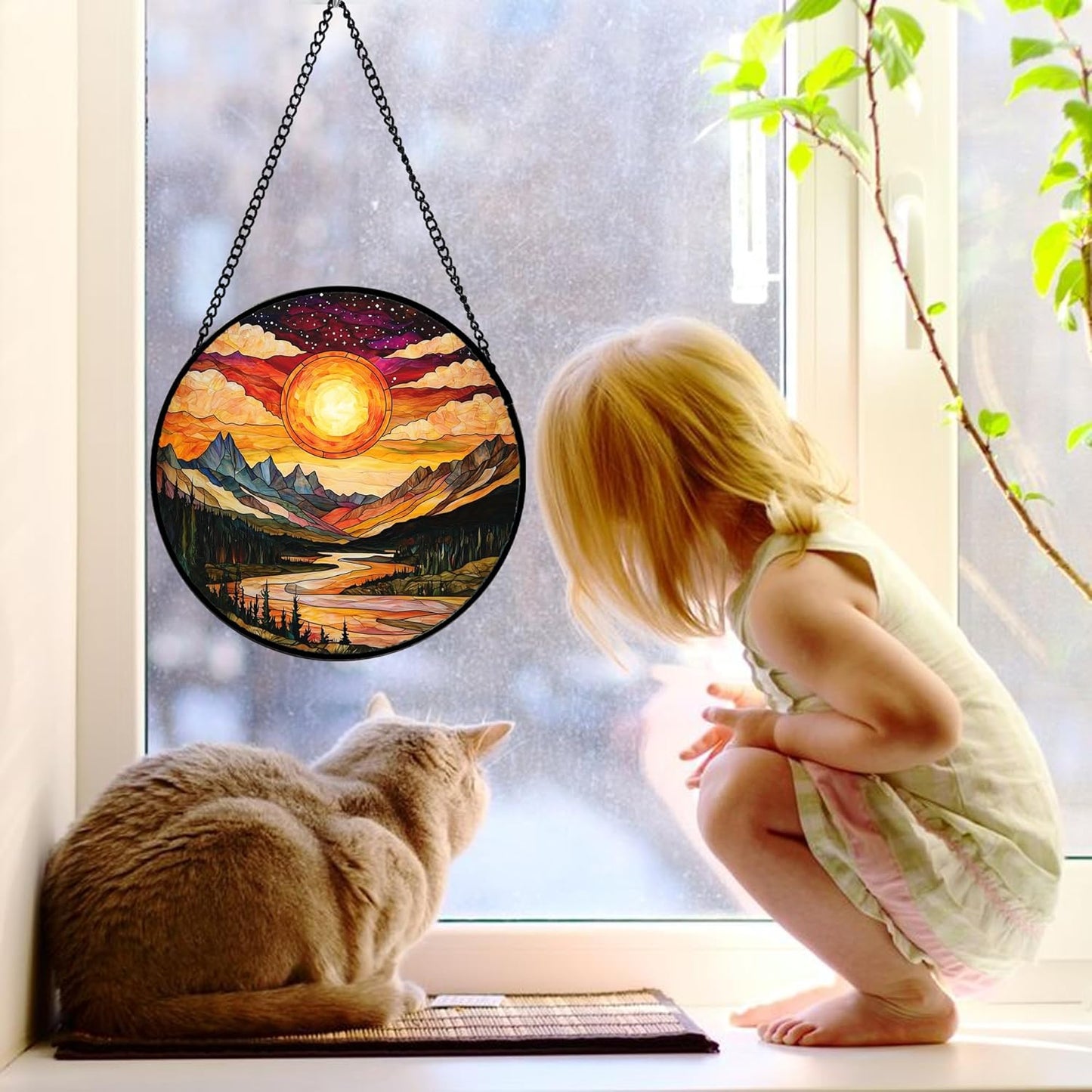 Stained Glass Window Hanging, Dusk Sunset Landscape Sun Catchers Glass Panel Lakes and Mountains Suncatcher Decor for Birthday for Women, Men, Wife, Aunt, and Mom 11.8x11.8 in