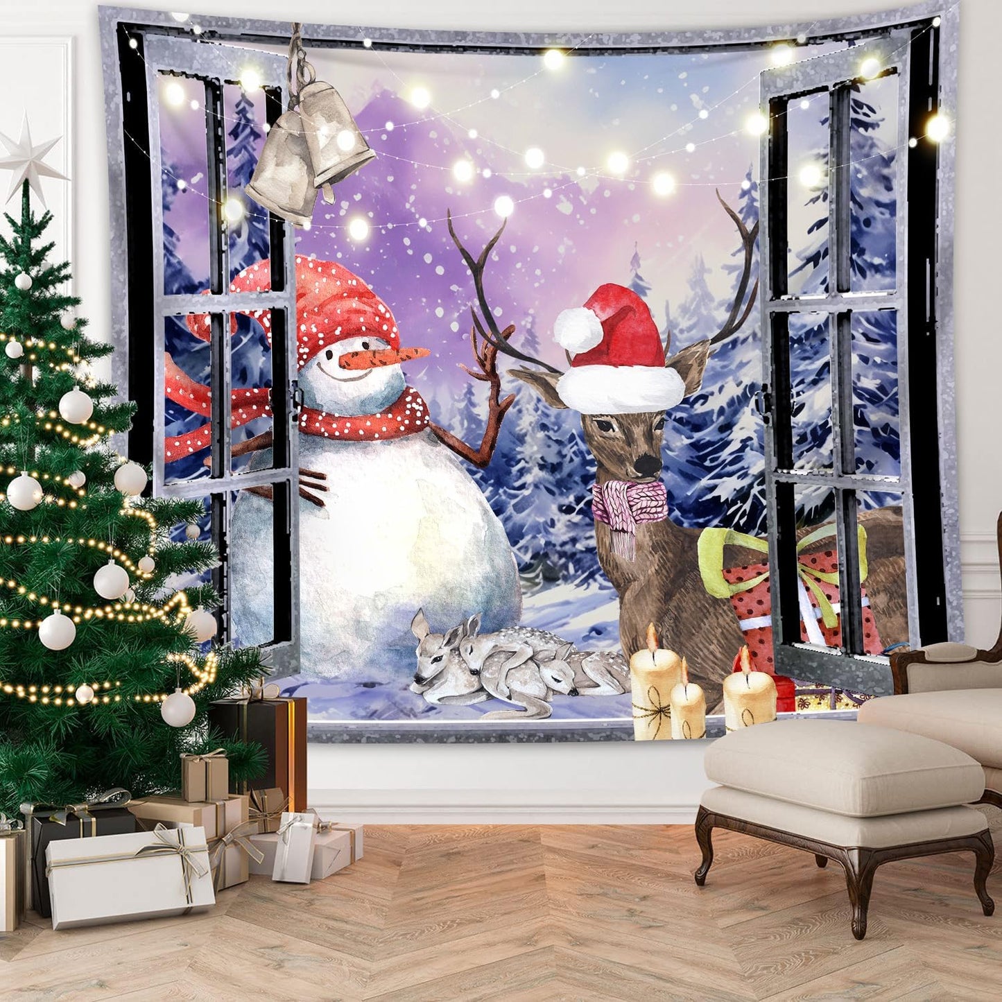 QGHOT Christmas Window Tapestry Wall Hanging Christmas Backdrop Winter Window Wall Decor Xmas Snowman Deer Tapestries for Bedroom Living Room Dorm Holiday Party Decoration