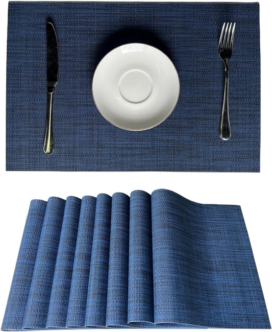 WAZAIGUR Placemats Set of 8 for Dining Table Heat-Resistant Washable Place Mats Woven Vinyl Kitchen Table Mats Easy to Clean,Navy Blue