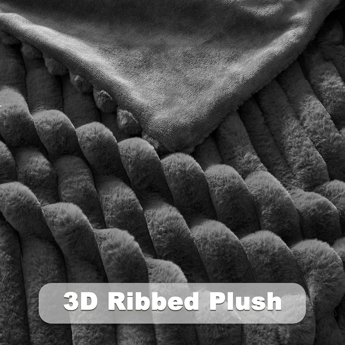 NEWCOSPLAY Faux Fur Twin Blanket Grey 3D Ribbed Plush Thick Warm Blanket for Couch Sofa Bed 850GSM (Grey Ribbed, Twin(60"x80"))