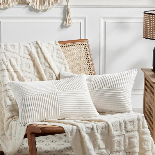 Fancy Homi 2 Packs Cream White Lumbar Decorative Throw Pillow Covers 12x20 Inch for Couch Bed Sofa, Rustic Farmhouse Boho Home Decor, Soft Striped Corduroy Rectangle Accent Cushion Case 30x50 cm