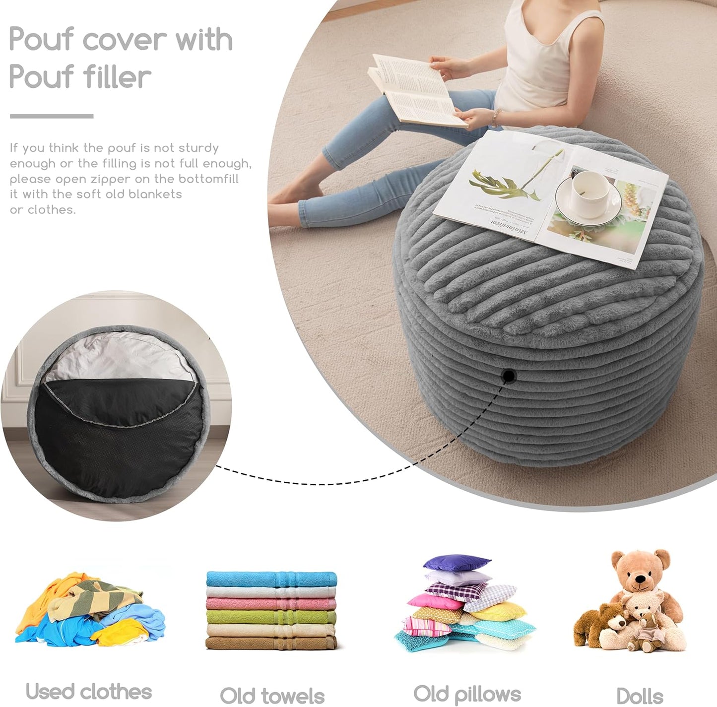 HIGOGOGO Round Stuffed Pouf Ottoman, Stripe Faux Fur Poufs with Foam Chunk Filling, Furry and Fluffy Pouf Foot Stool Storage Ottoman, 20 X 15 Floor Poufs Foot Rest for Living Room, Grey