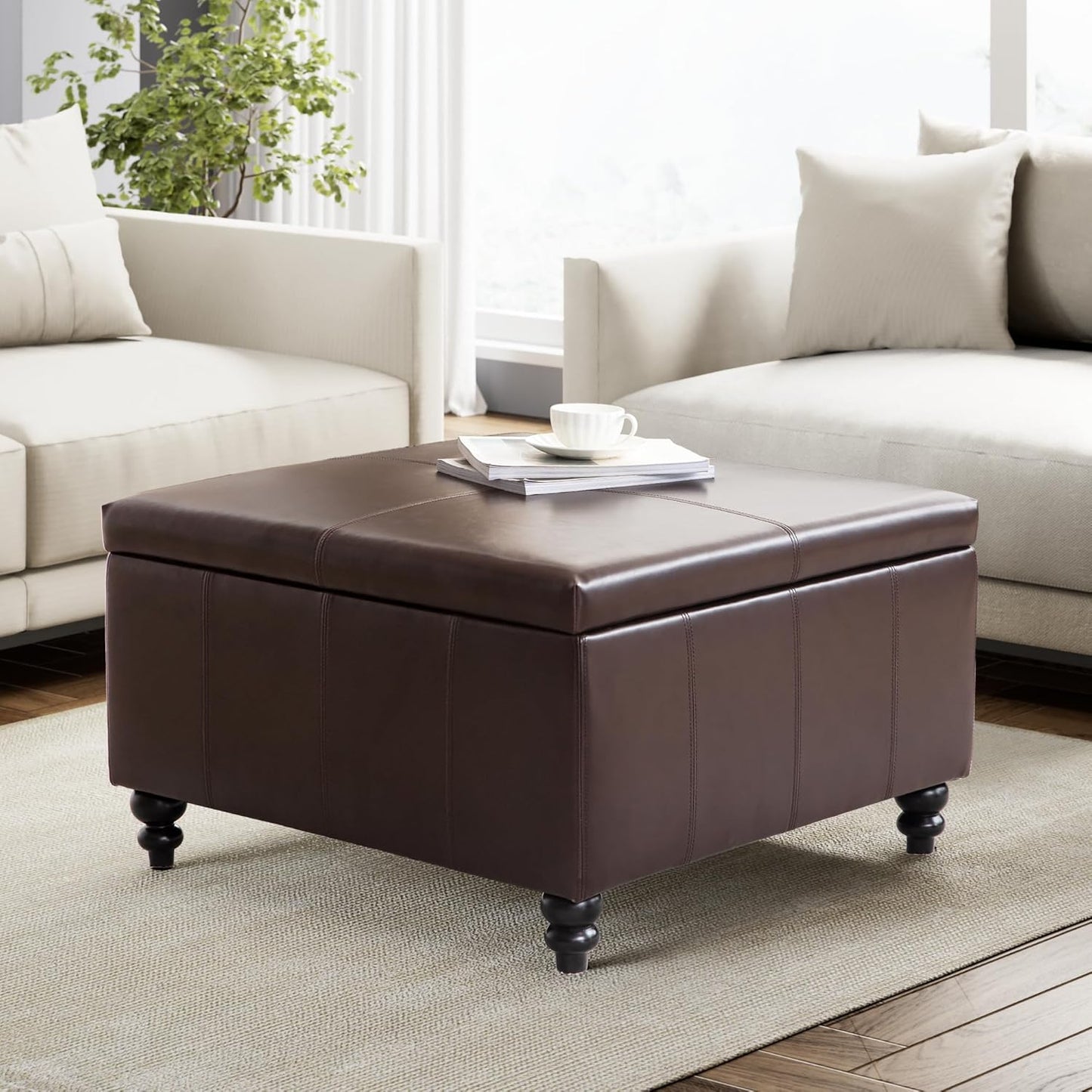 HUIMO Square Leather Storage Ottoman,Ottoman Coffee Table with Storage for Living Room (Brown)