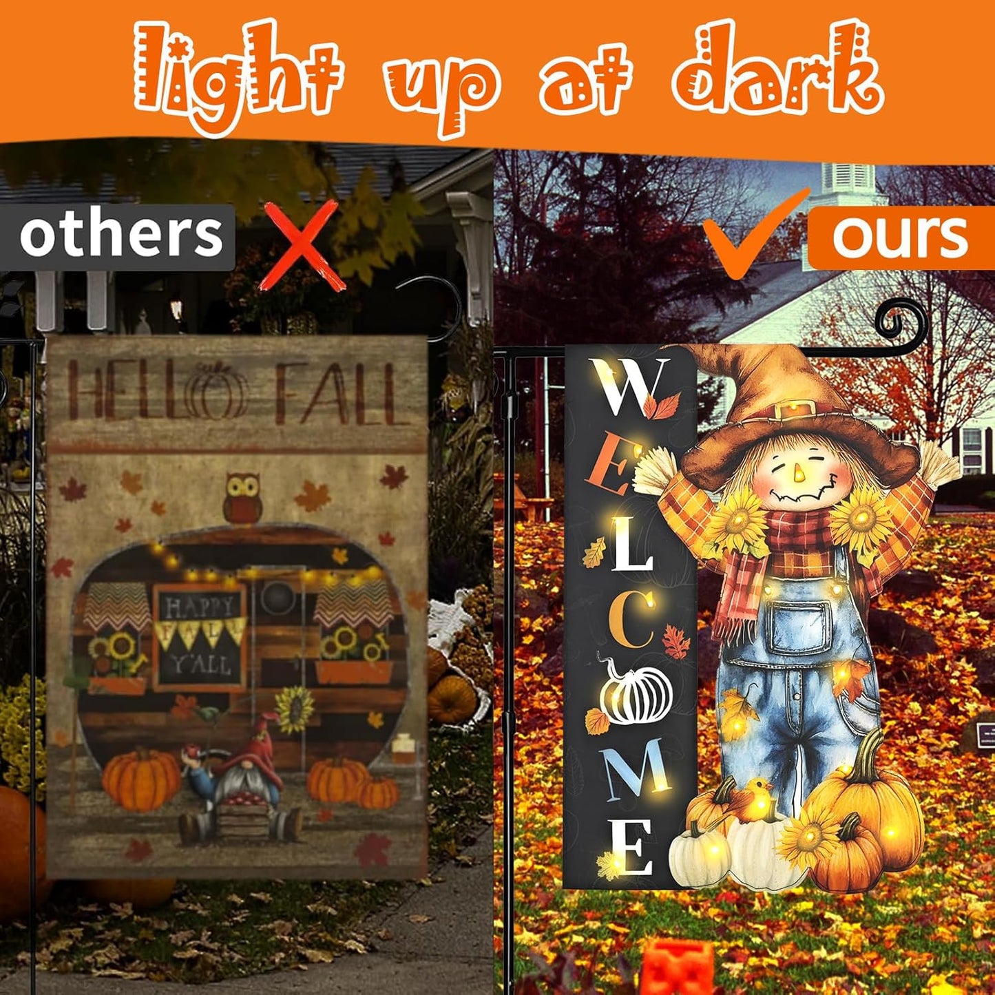 Thanksgiving Lighted Garden Flag, Solar Fall Outdoor Decor Yard Flag,8 Modes Led Scarecrow Flag,28x40 Double Sided Maple Leaf Pumpkin Bird Decorations for Home Porch