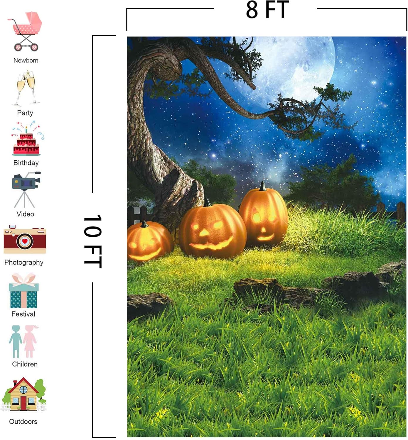 8x10FT Halloween Backdrop for Photography Grass Pumpkin Moonlight Decoration for Portrait Background Party Banner Photo Booth Shoot Props