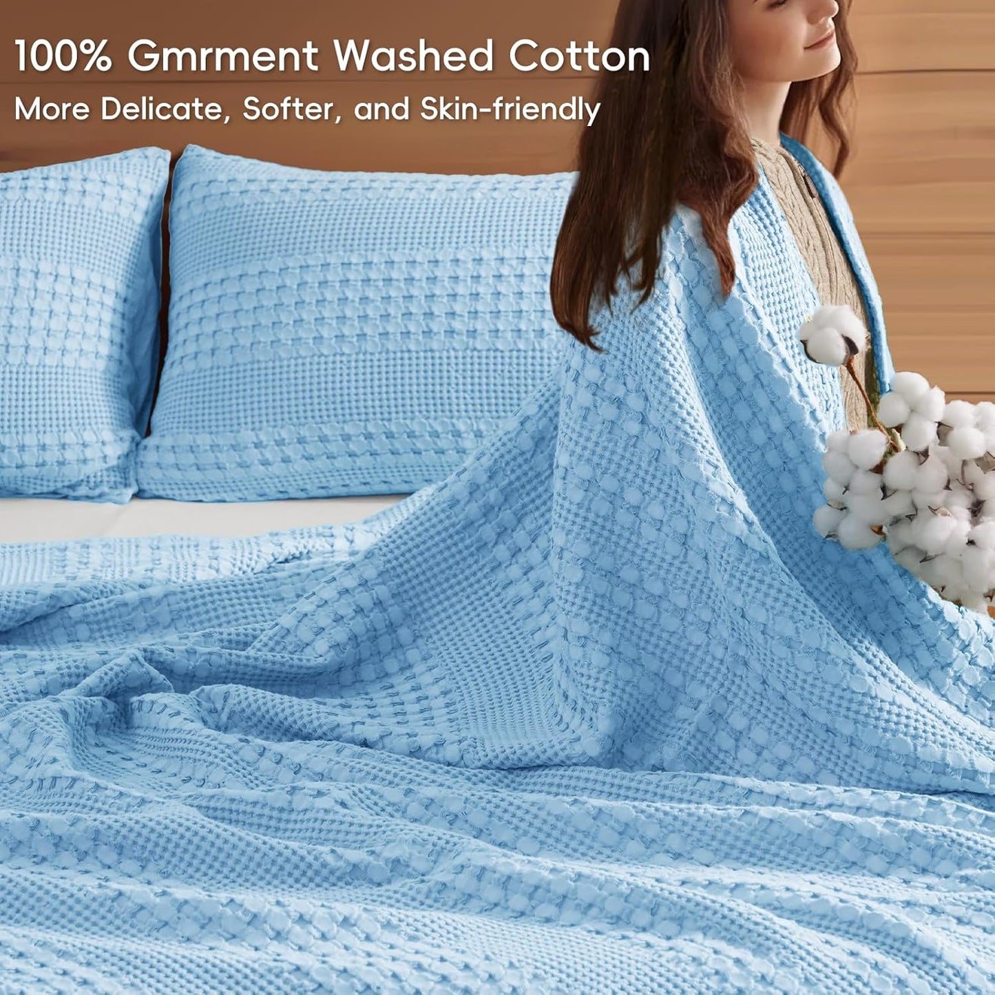 PHF 100% Cotton Waffle Blanket Oversized King 120"x120", Lightweight Breathable Extra Large 10'x10' Summer Blankets for Bed, Giant Big Luxury Aesthetic Woven Bedding for Home Decor, Sky Blue