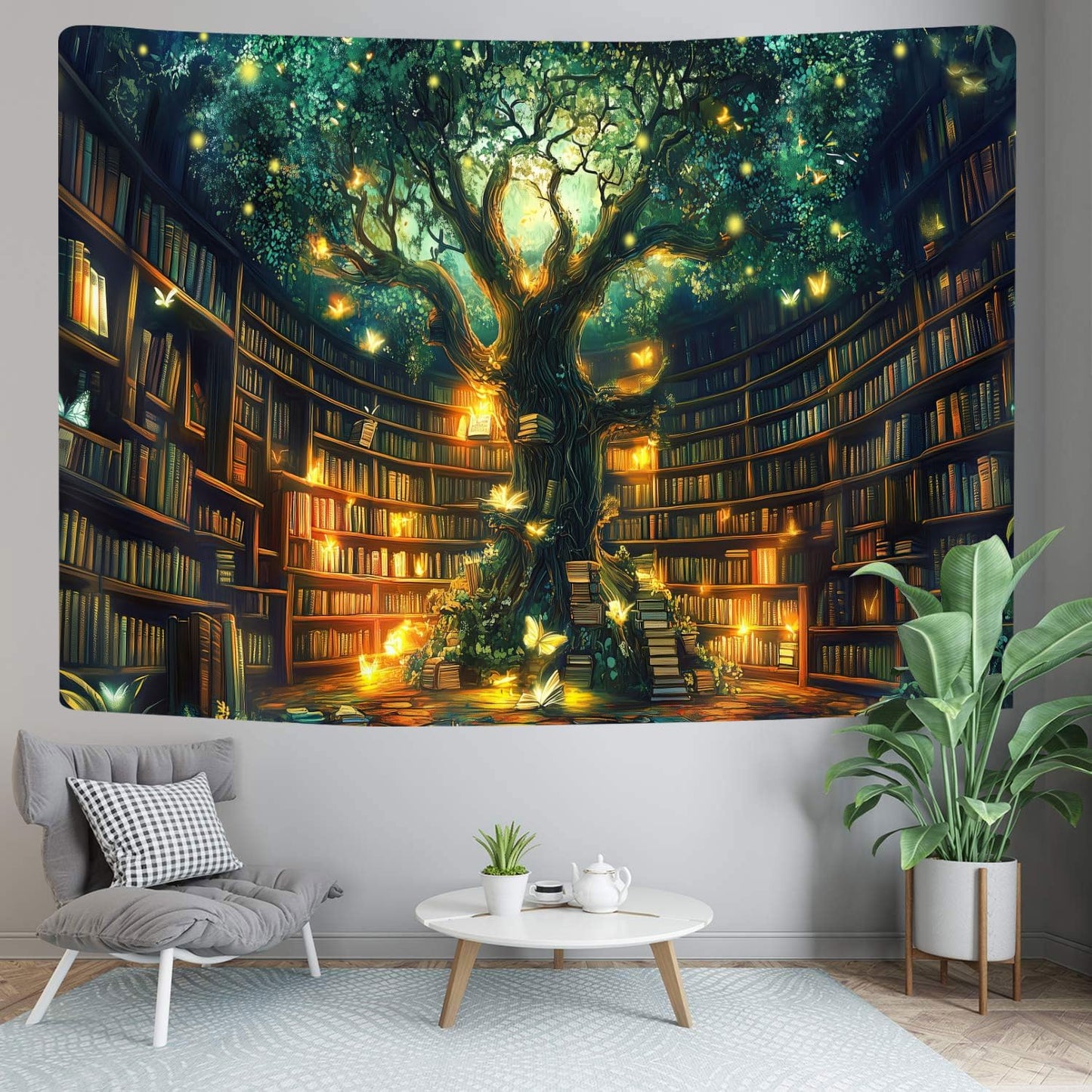 Fantasy Library Tapestry, Fairytale Tree Magic Bookshelf Aesthetic Tapestries for Classroom, Witchy Fairy Tree Mysterious Vintage Bookshelf Book Art Tapestry Wall Hanging College Room Bedroom, 60X40