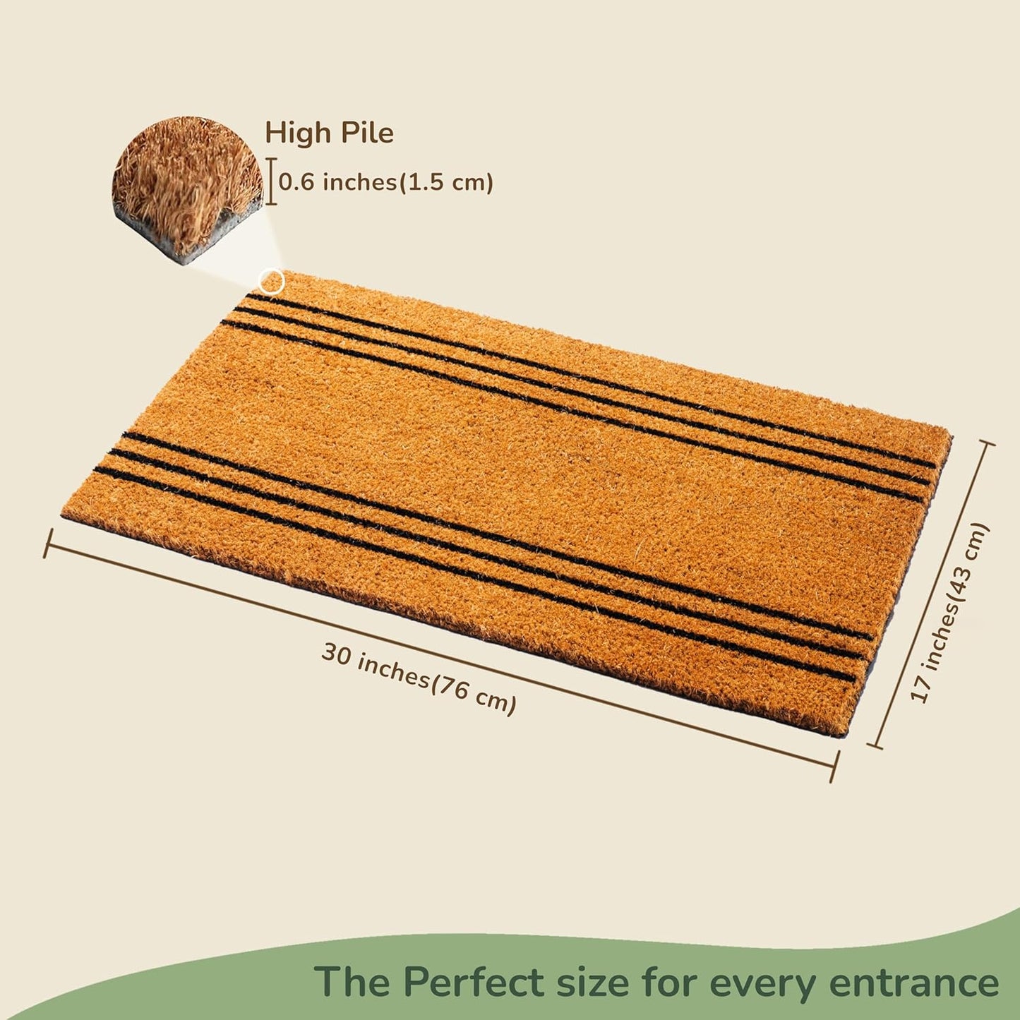 Welcome Doormats, Natural Coco Coir Mats with Non-Slip PVC Backing, Indoor Outdoor Mats for Home & Office, Floor Mats for Door Decor, Plain Entry Mat with Stripes, Beige & Black, 30"x17"
