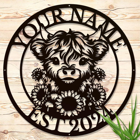 Personalized Highland Cow Name metal Signs,Custom Highland Cow Metal Shed Wall Decor,Black Metal Wall Art Plaques Outdoor wall Decorative Signage (Style E)