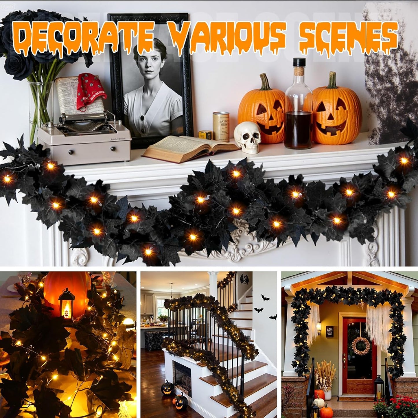Joyhalo 2 Pack Halloween Garland with Lights, Black Maple Leaves Lighted Garland for Mantle, 5.7FT Light Up Leaf Autumn Vines Outdoor for Door Frame, Fireplace and Thanksgiving Fall Decor