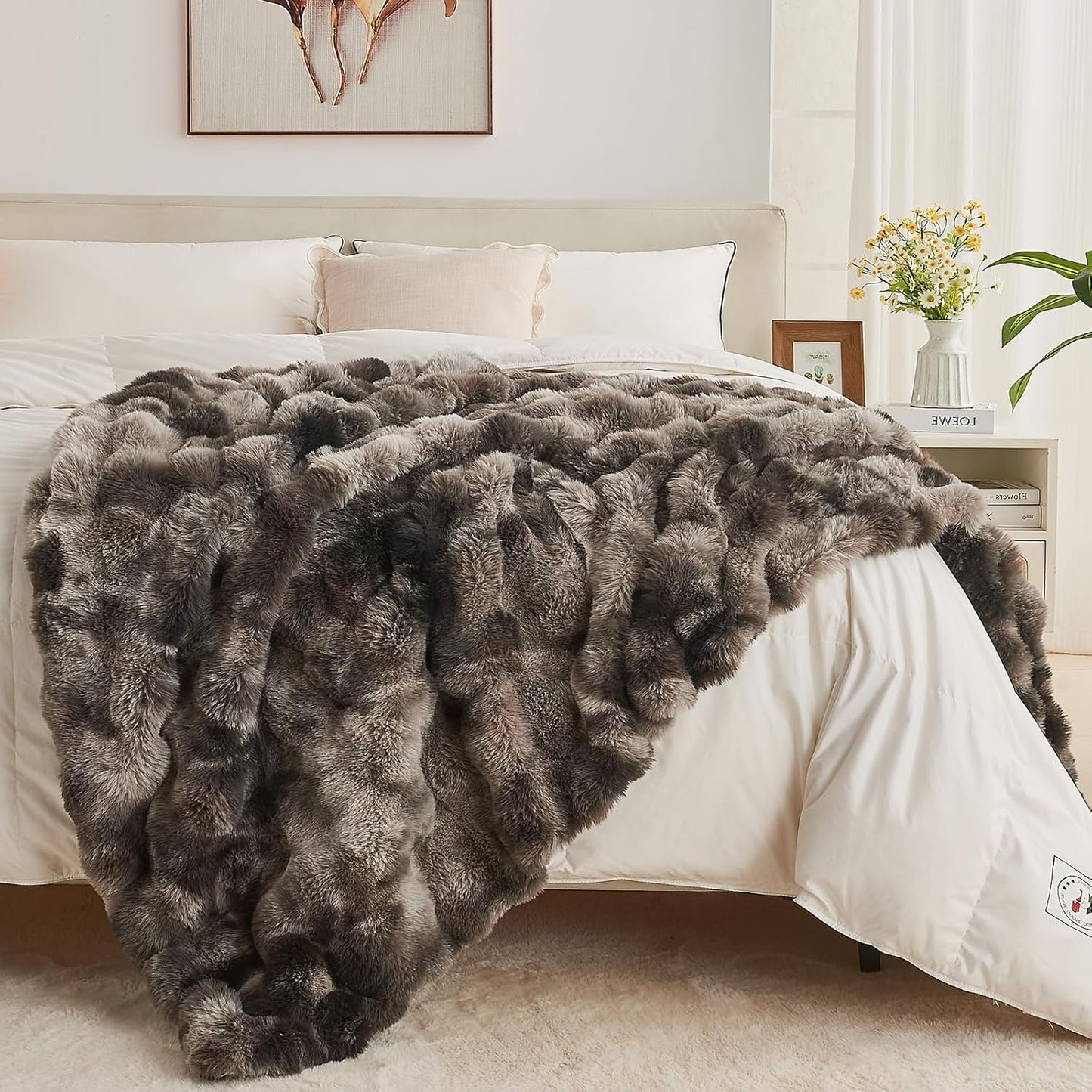 Lotus Karen Faux Fur Blanket Tie-Dye Dark Gray Twin Size - Big Bubble Rabbit Fluff Throw for Couch Small Fluffy Fuzzy Cozy Thick Furry Plush Shaggy Blankets 90x90 Inches
