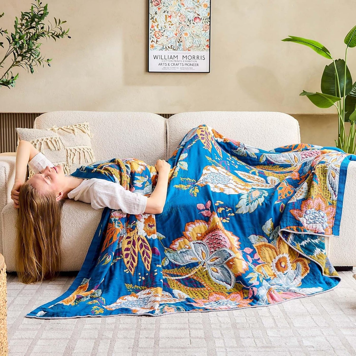 Boho Throw Blanket, Blue Lightweight Blankets for Summer, 100% Cotton Bohemian Decorative Throw Blanket, 50"x60" Reversible Muslin Breathable Woven Farmhouse Blankets Quilt,