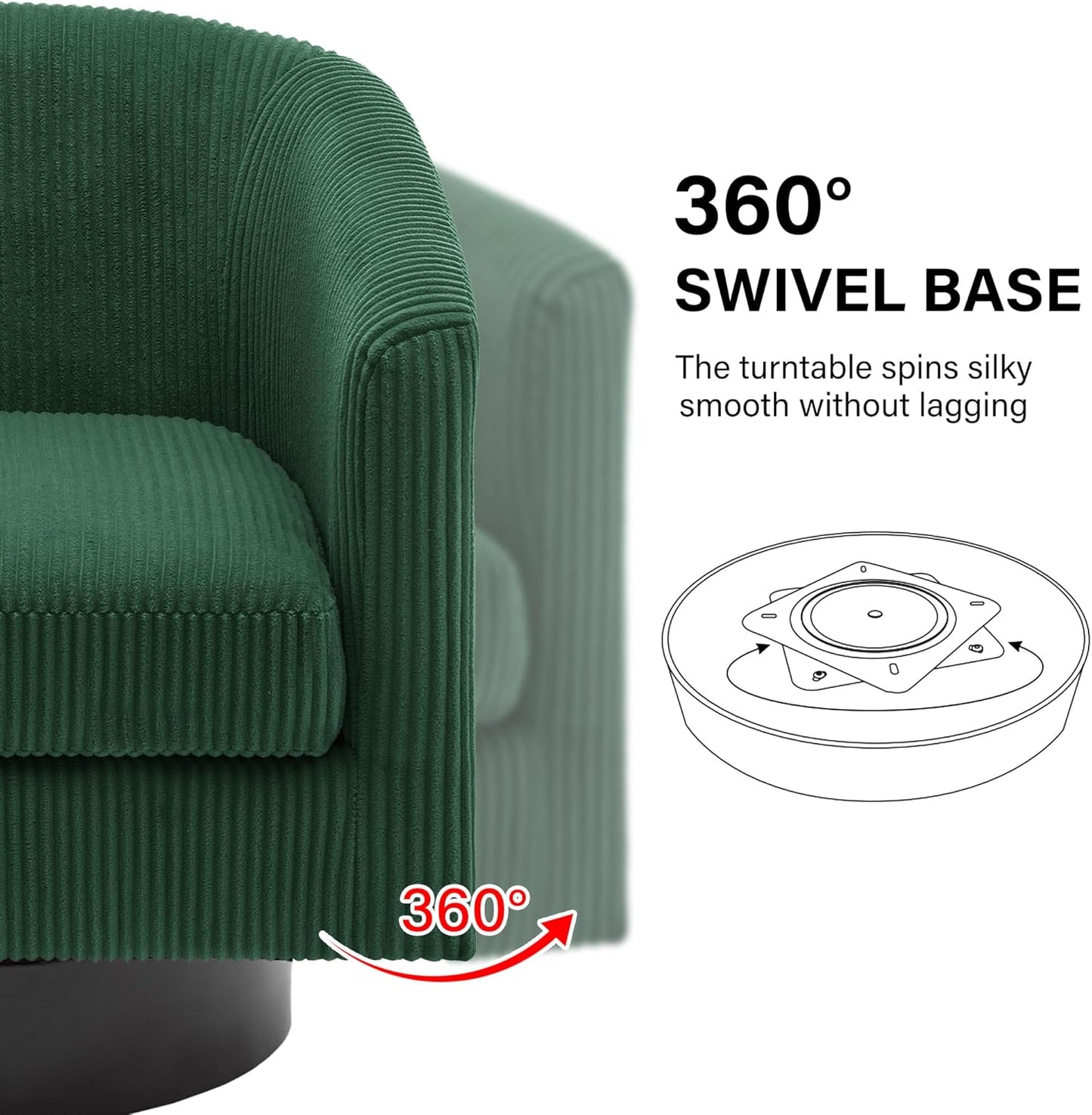 Swivel Barrel Accent Chair, Modern Round Corduroy Fabric Arm Chair for Living Room, Bedroom, Comfy Club Reading Chairs for Adults (Corduroy Dark Green, Set of 4)
