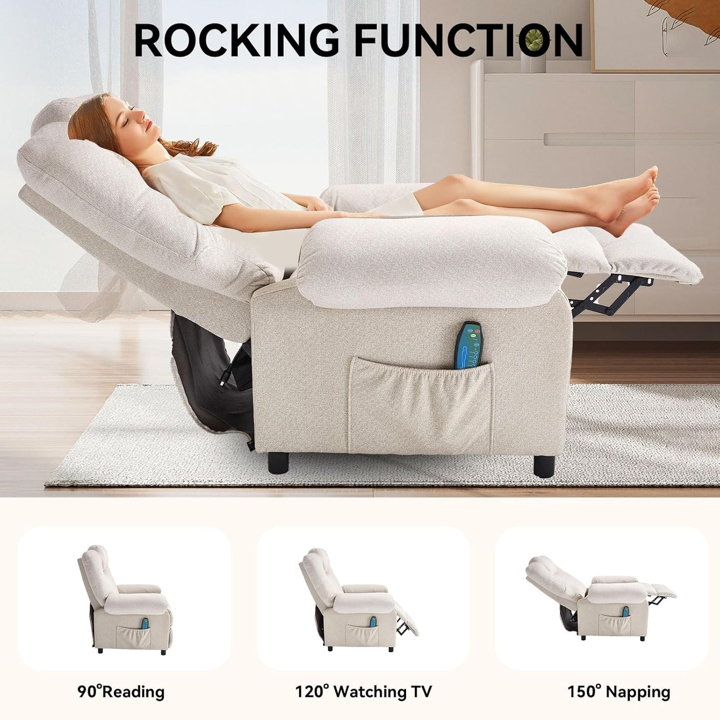 KCREAM Massage Chair Recliner with Heating,Recliner Chair for Adults,Small Recliners for Small Spaces Overstuffed Reclining Chairs Single Sofa Recliners with Side Pocket for Living Room,Fabric Beige