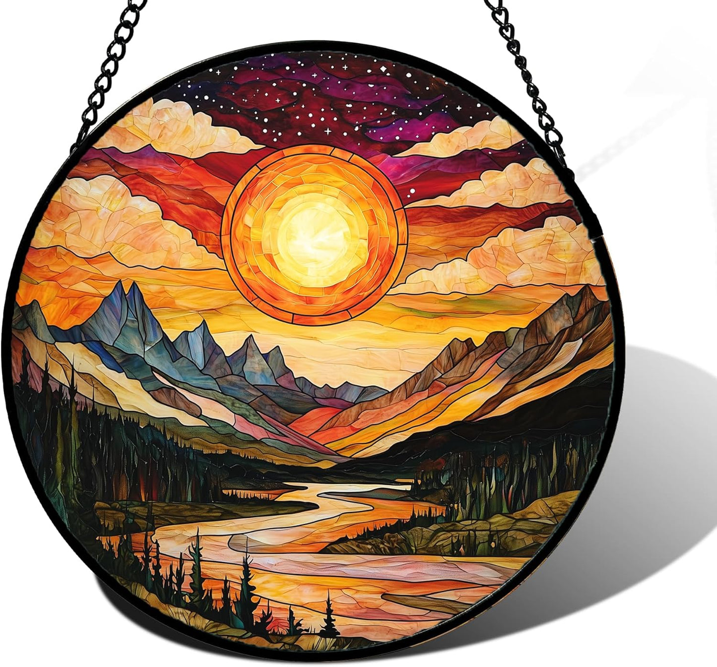 Stained Glass Window Hanging, Dusk Sunset Landscape Sun Catchers Glass Panel Lakes and Mountains Suncatcher Decor for Birthday for Women, Men, Wife, Aunt, and Mom 7.8 in