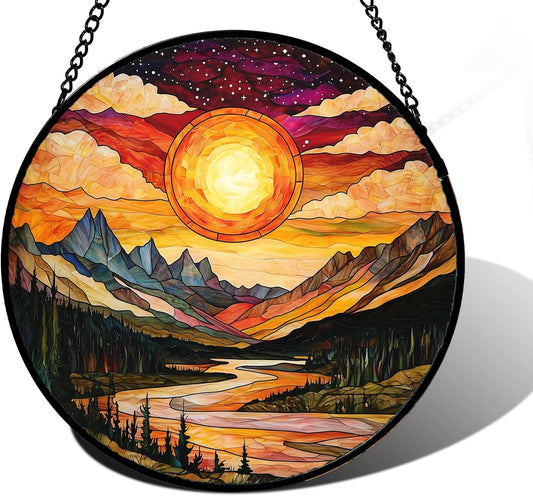 Stained Glass Window Hanging, Dusk Sunset Landscape Sun Catchers Glass Panel Lakes and Mountains Suncatcher Decor for Birthday for Women, Men, Wife, Aunt, and Mom 6.3 in