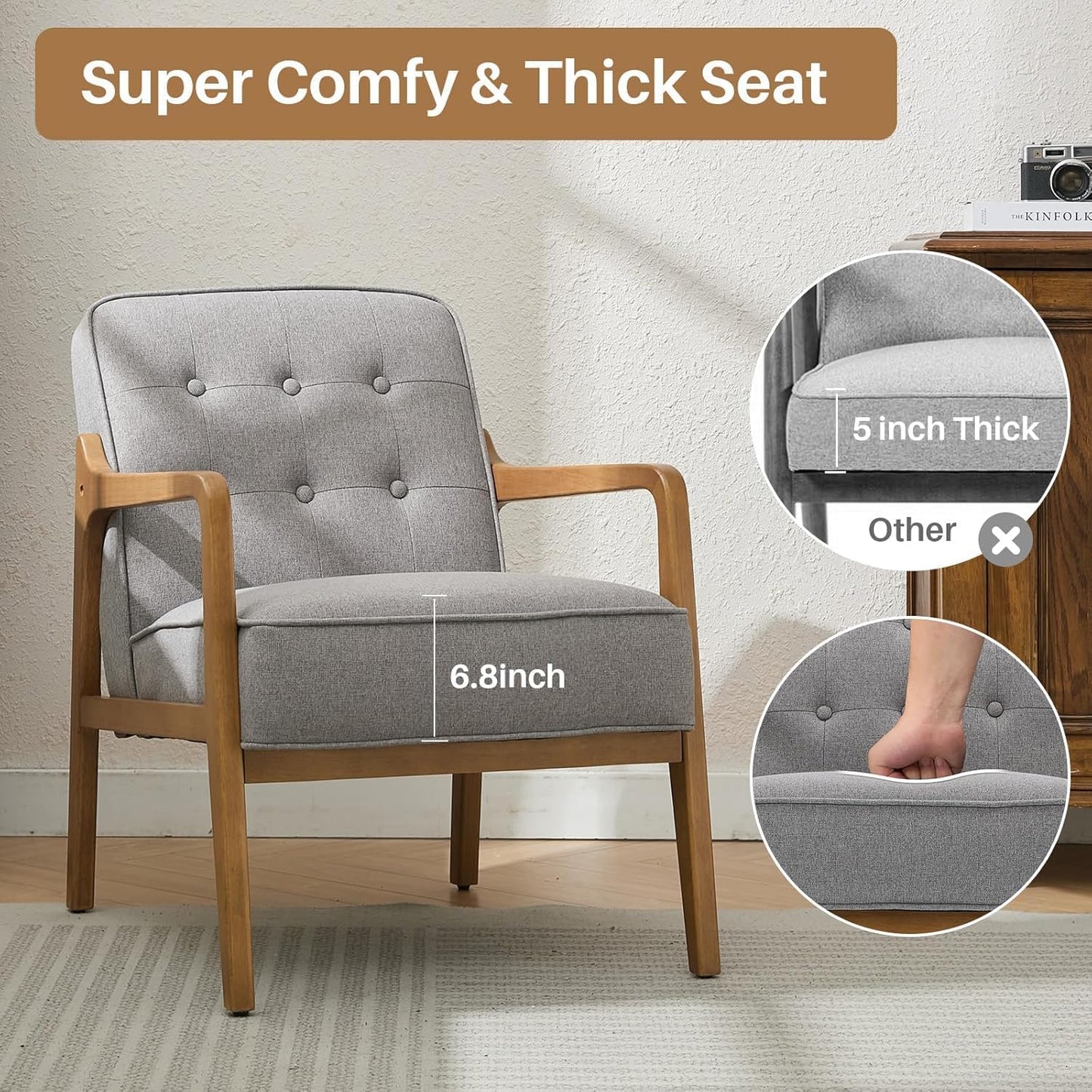 Linen Accent Chair Set of 2, Mid Century Modern Chair for Living Room, Upholstered Comfy Lounge Armchair with Solid Wood Frame, Reading Side Chair for Bedroom,105°Ergonomic Comfort, Grey