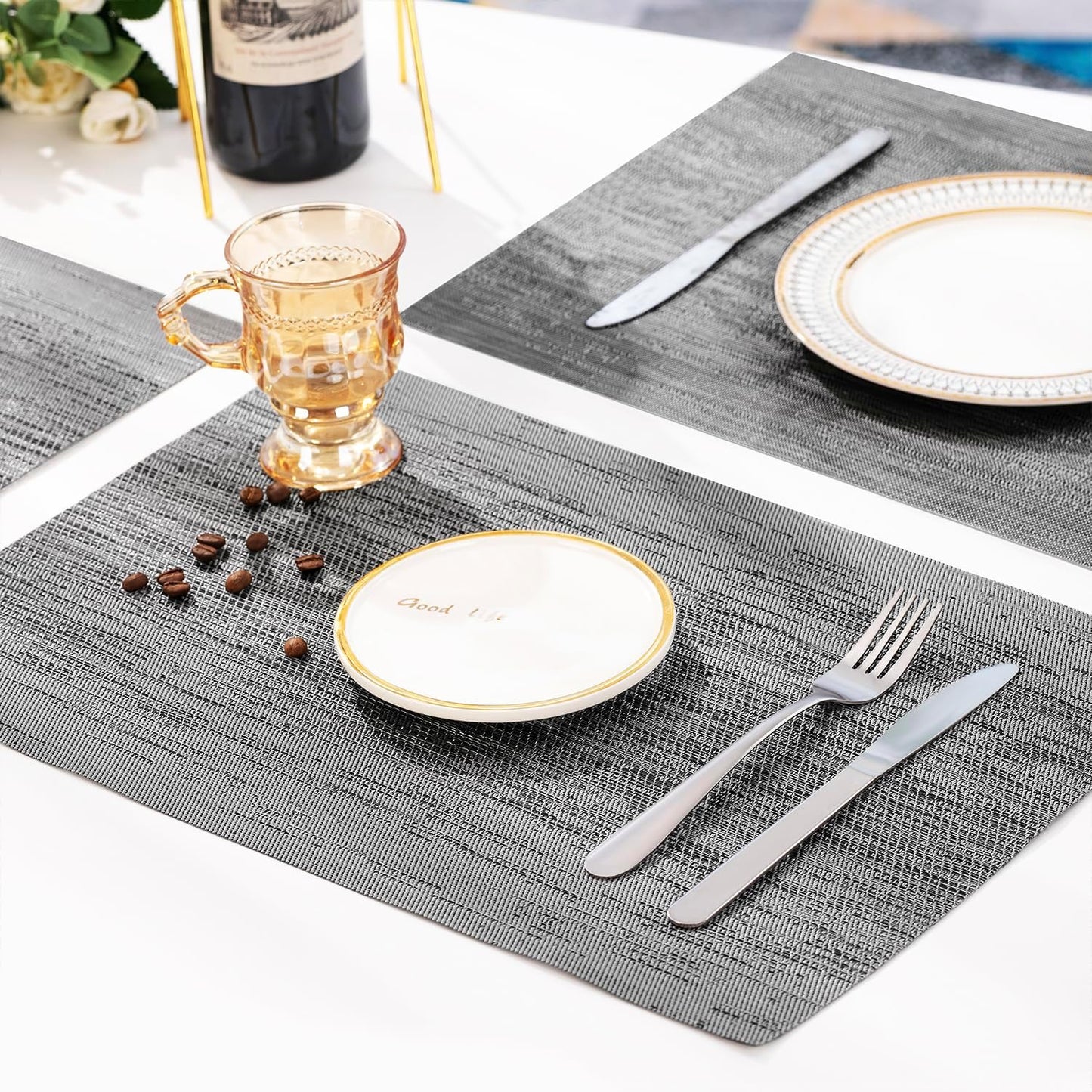 Leetaltree Grey Placemats, Heat Resistant Non-Slip Place mats for Dining Table, Washable Durable PVC Vinyl Woven Table Mats (Set of 6)