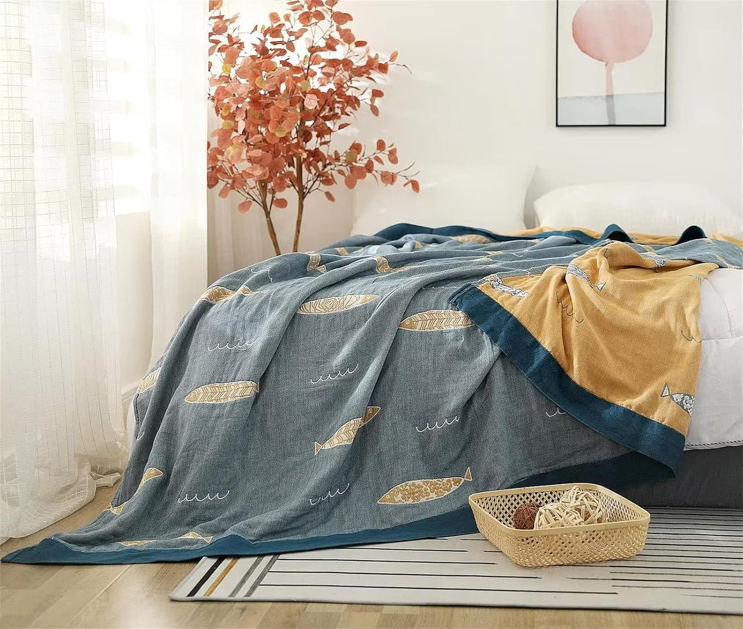 MSGKV Boho Throw Blanket 100% Cotton Woven Blanket for Couch Sofa Bed Double Sided Knit Throw Reversible Summer Blanket 80''Wx 90''L