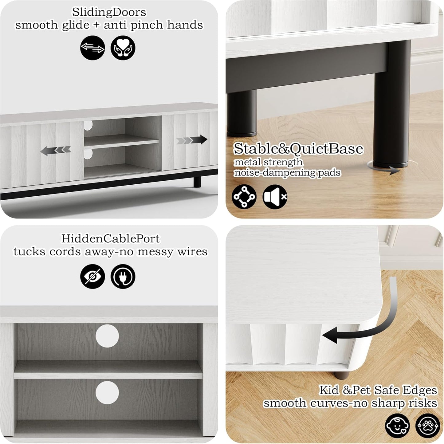 White Mid Century Modern TV Stand, Wood Fluted Living Room TV Stands with Storage Sliding Doors, Desert-Inspired Design MCM Entertainment Center for 55 60 65 70 75 55+ 60+ 65+ 70+ Inch