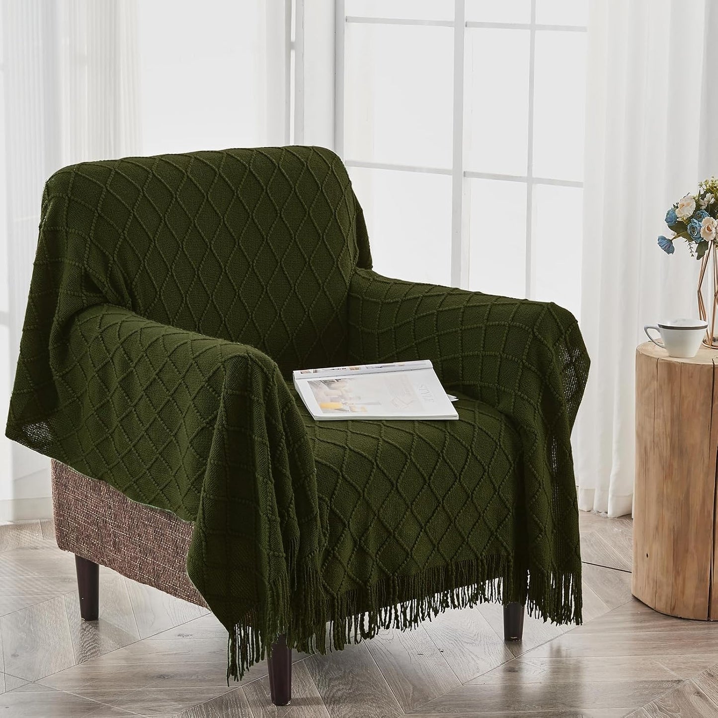 inhand Knitted Throw Blankets for Couch and Bed, Soft Cozy Knit Blanket with Tassel, Dark Green Lightweight Decorative Blankets and Throws, Farmhouse Warm Woven Blanket for Men and Women, 60"x80"