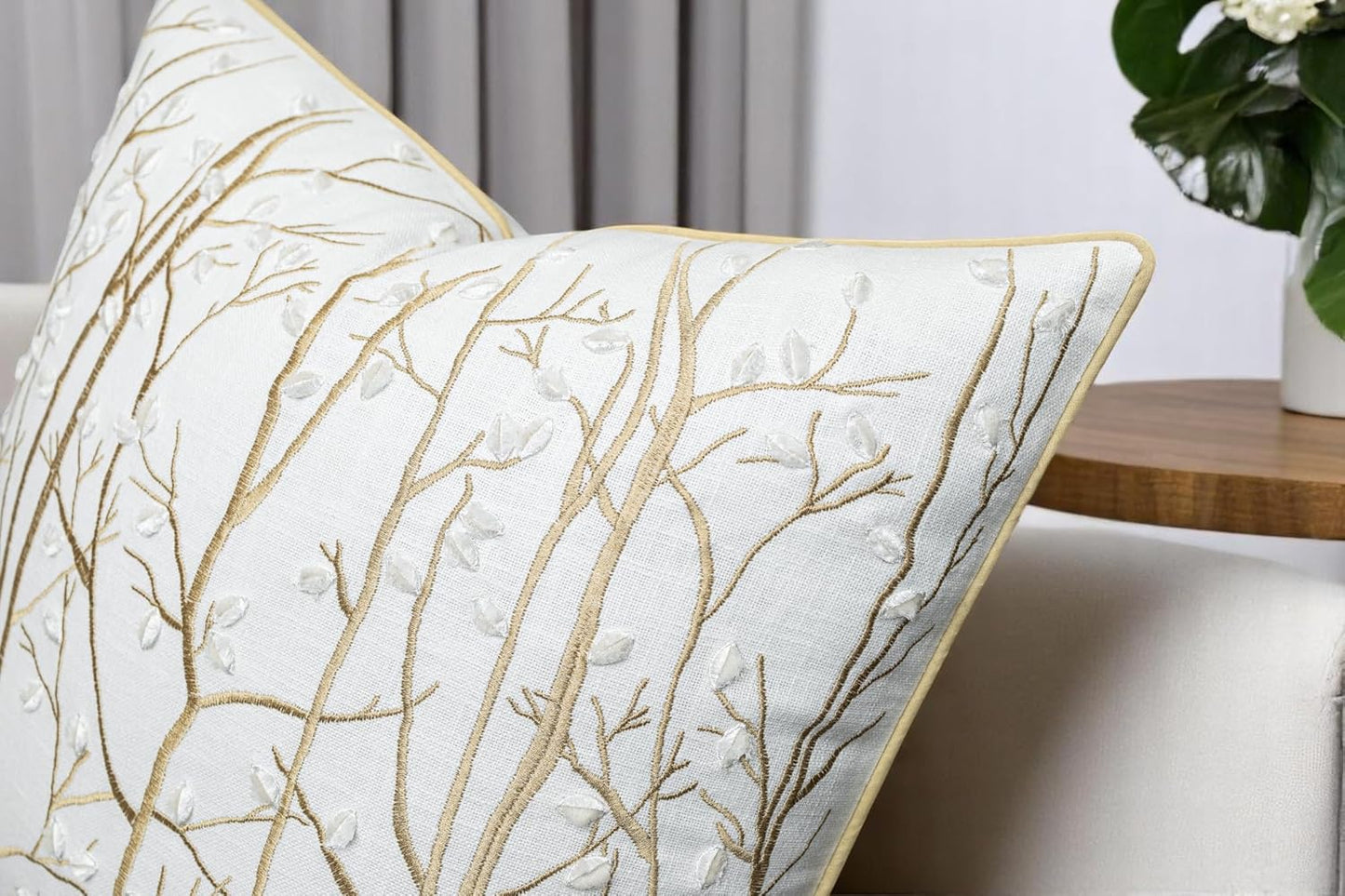 VAGMINE Embroidered Forest Throw Pillow Cover - 20x20 Inches Square - 100% Cotton Ivory Decorative Cushion Cover - Elegant Embroidery - Rustic Home Accent for Sofa, Bed, Couch, Farmhouse Décor