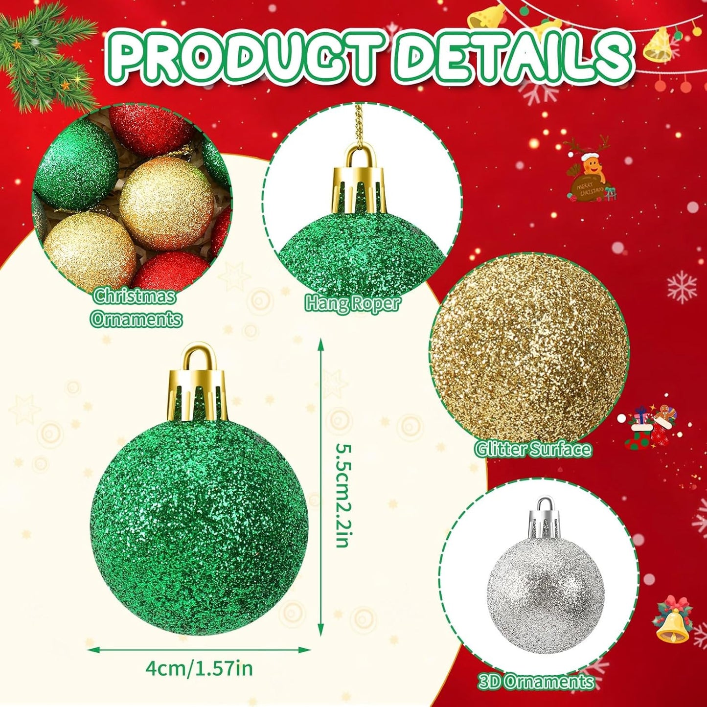 JULMELON 24PCS Christmas Ball Ornaments, Hanging Balls Shatterproof Decorations for Xmas Tree, Home Decor for Party, Holiday, Wedding, Anniversary, DIY Craft Decor Supplies (Glitter Surface)
