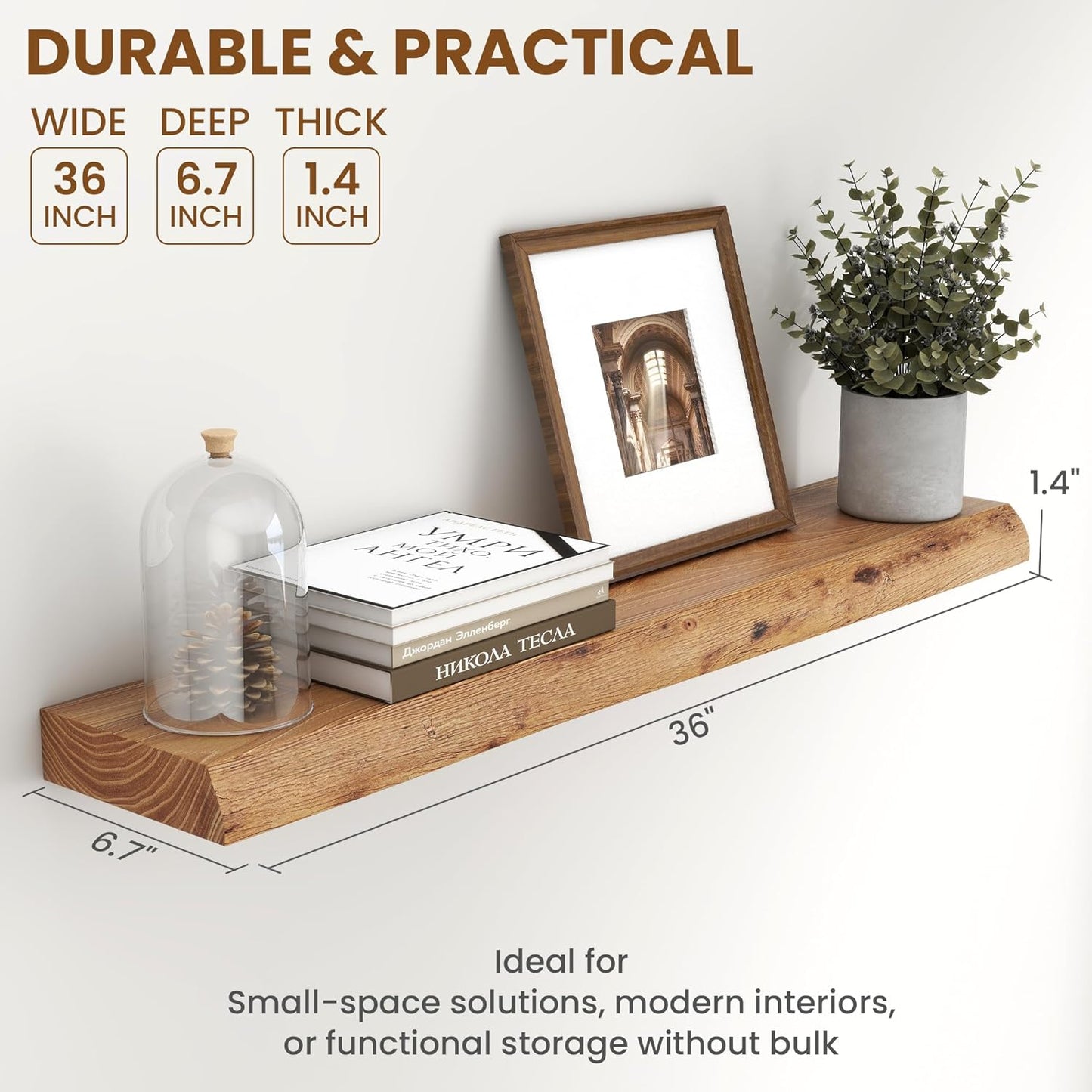 Solid Elm Wood Floating Shelves, 36 Inch Wood Floating Shelves for Wall, Live Edge Wooden Shelves Wall Mounted for Books, Bathroom, Kitchen, Natural Color, Set of 2