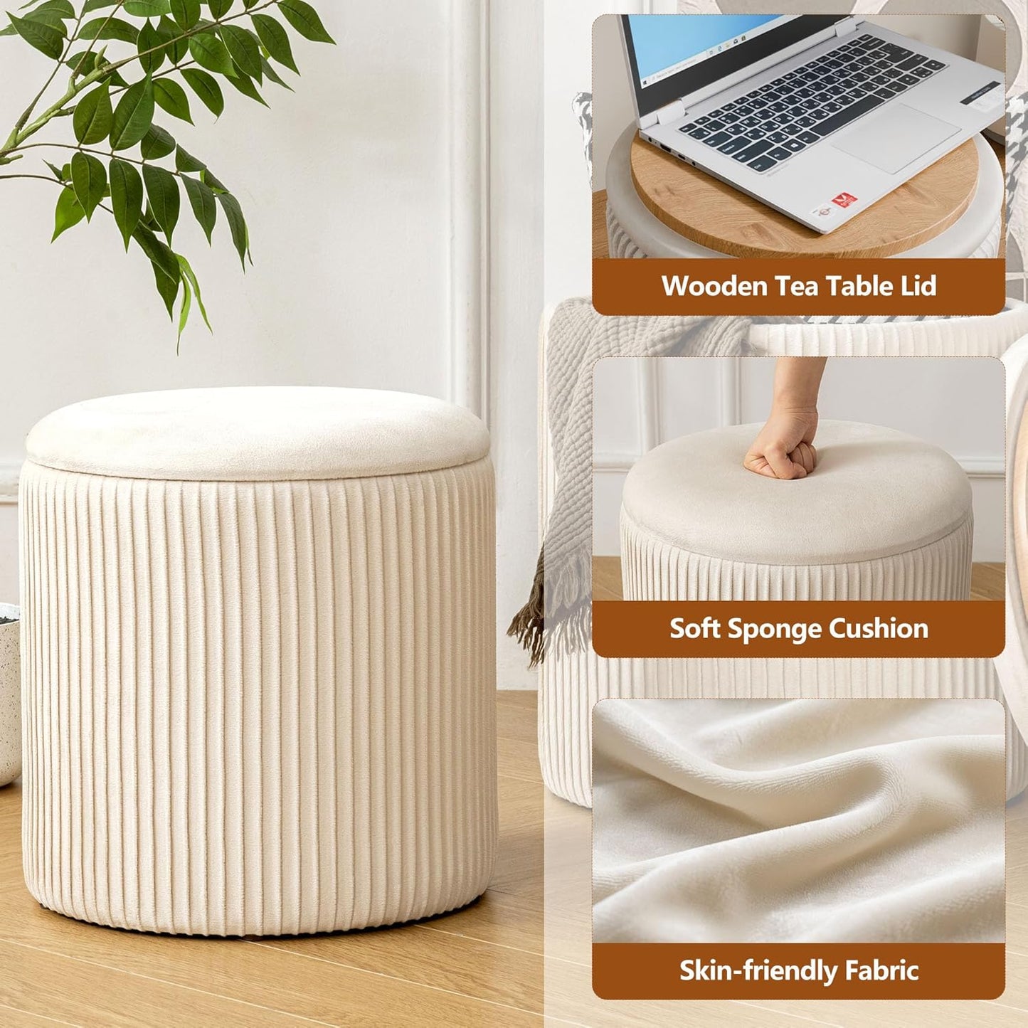 Ottoman with Storage Set of 2, Velvet Storage Ottoman, Upholstered Sponge Vanity Stool Support 300lbs, Multifunctional Coffee Table Foot Rest Ottomans for Living Room Bedroom, Beige