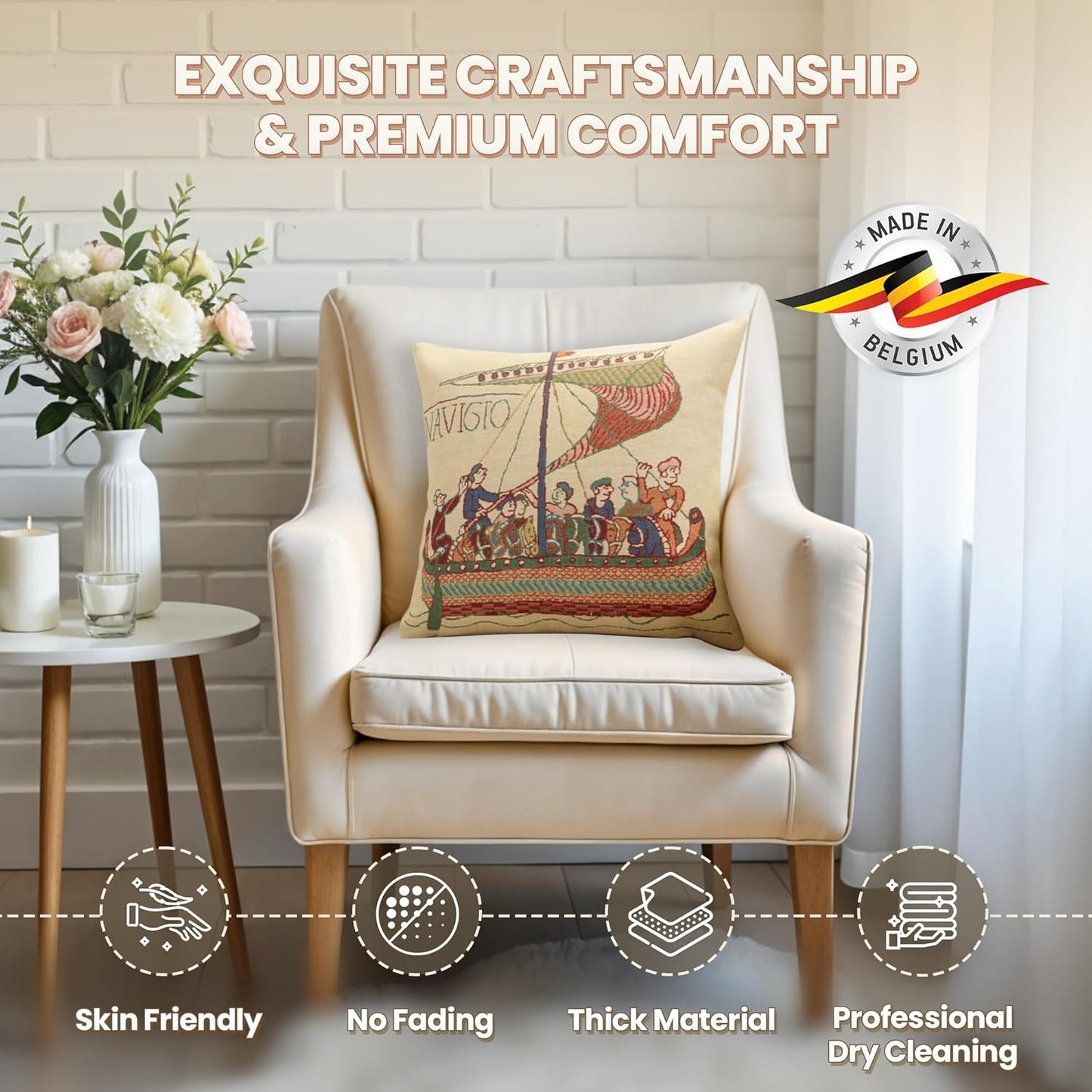 Charlotte Home Furnishings Bayeux Navigo Throw Pillow Cover 16" x 16" – Medieval Ship Decorative Tapestry Cushion Case for Sofa, Couch, & Bed | Cotton Jacquard Woven in Europe | Insert Not Included